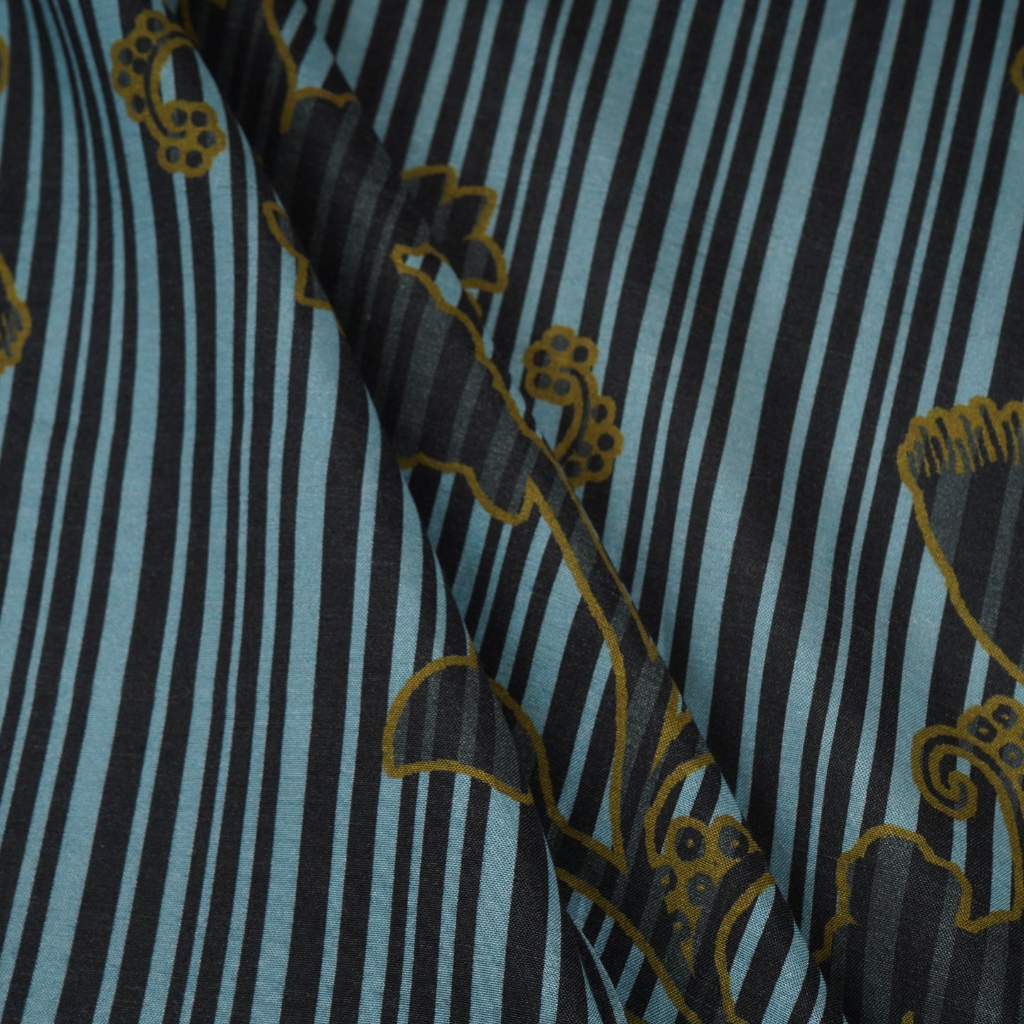 Sky Blue & Black Floral Print Muslin Fabric MF-30191