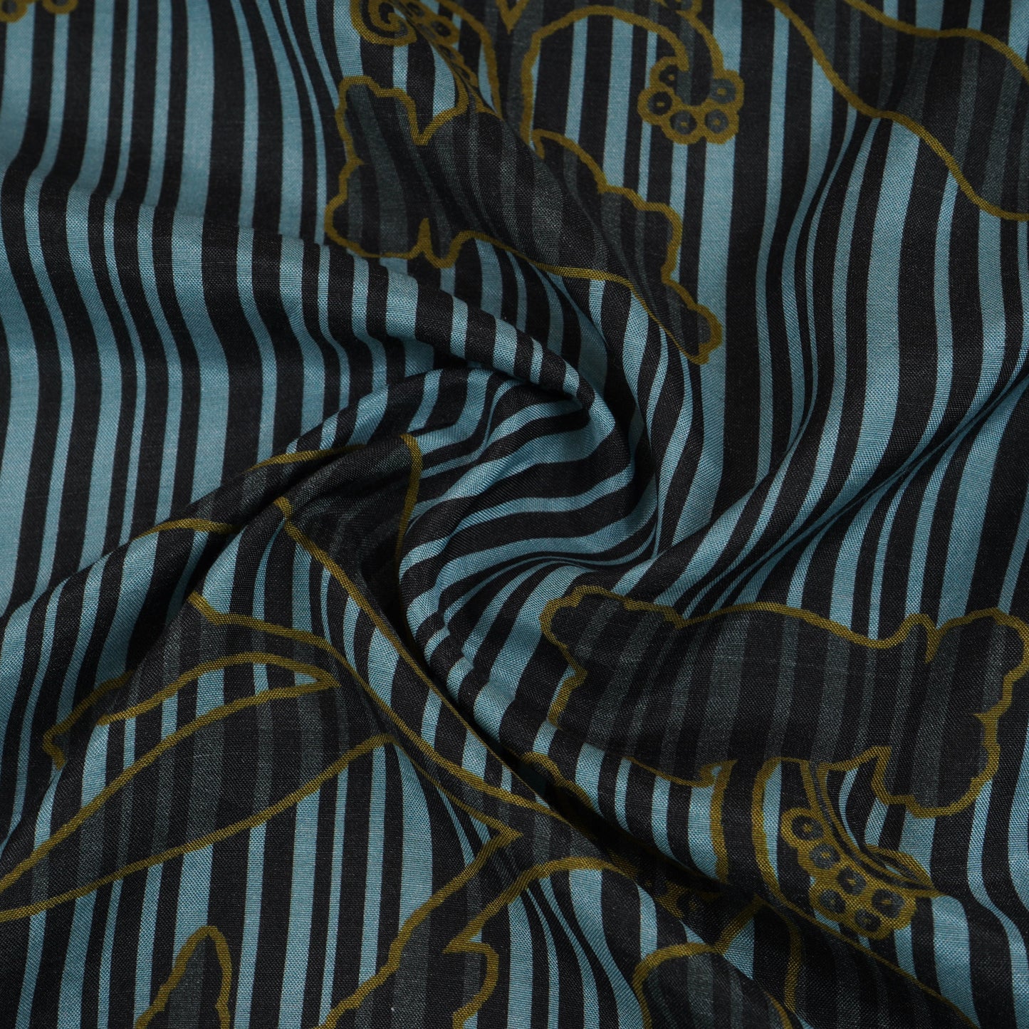 Sky Blue & Black Floral Print Muslin Fabric MF-30191