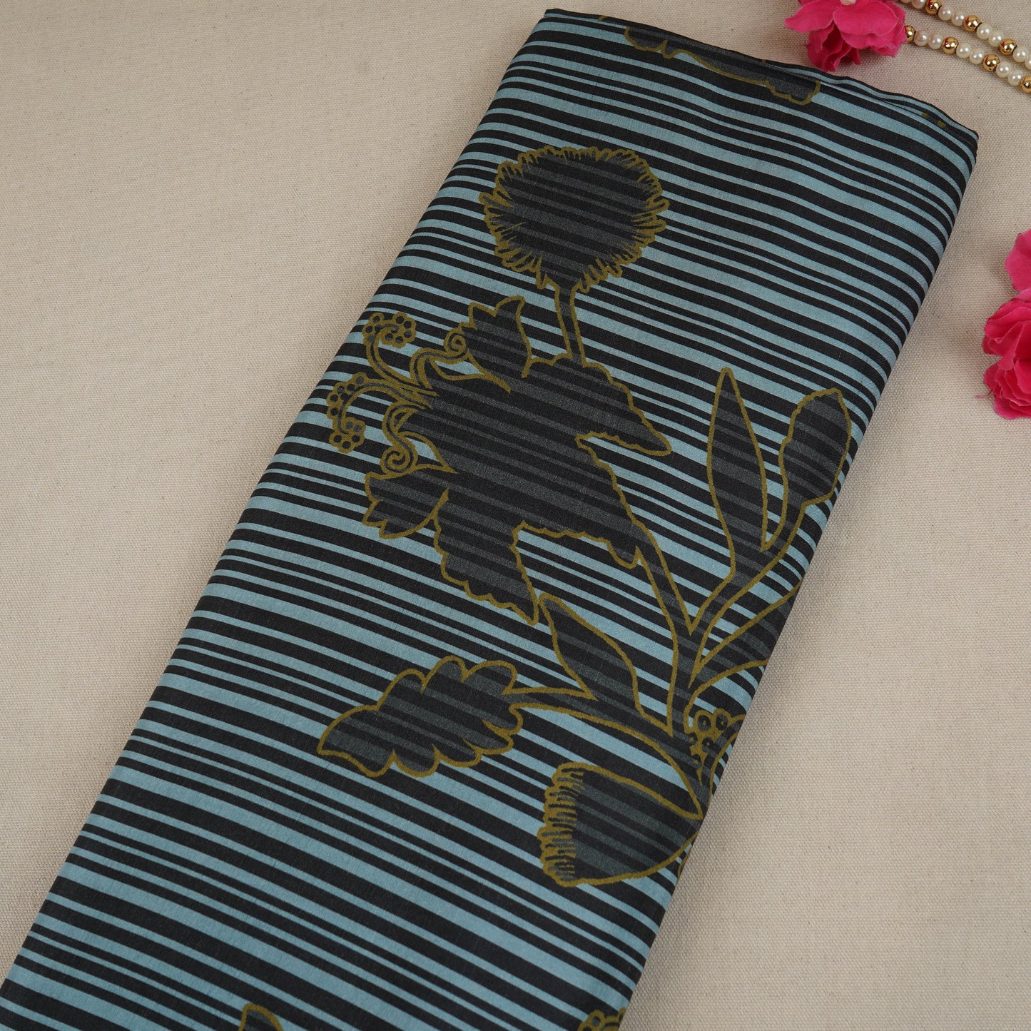 Sky Blue & Black Floral Print Muslin Fabric MF-30191