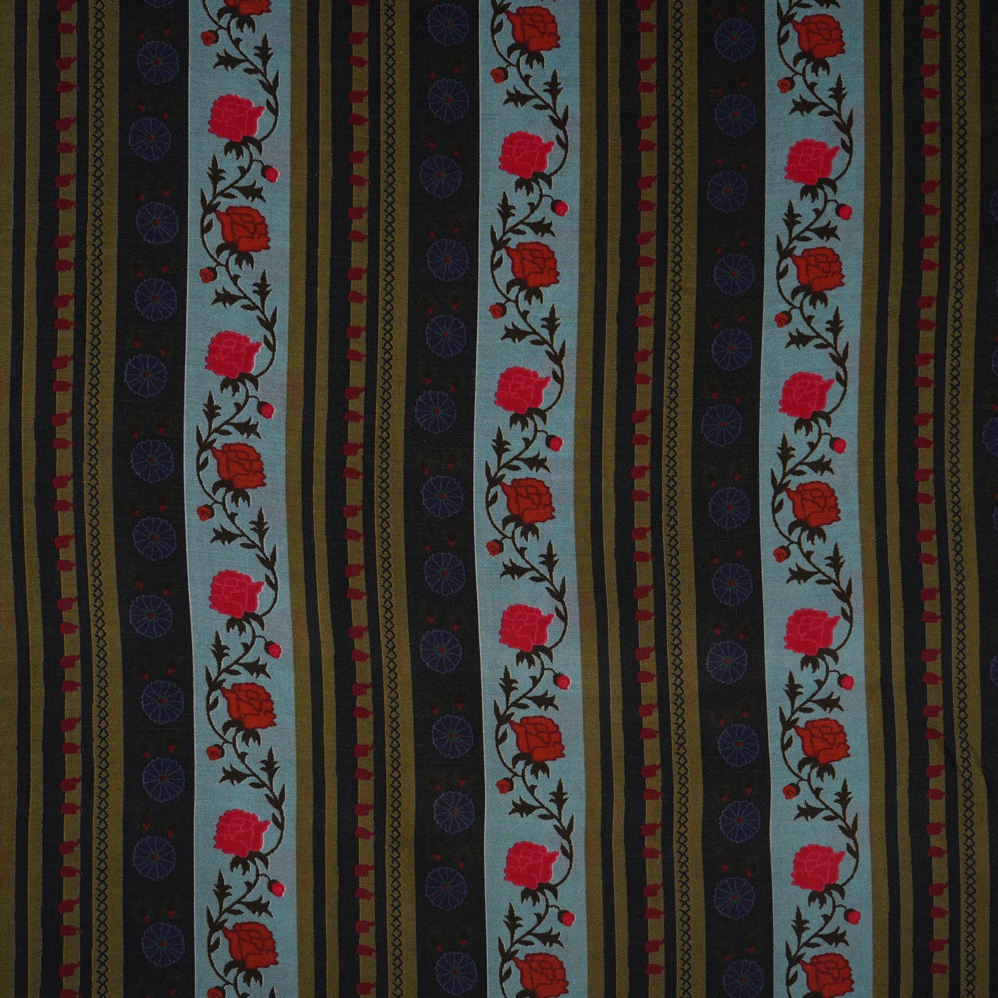 Sky Blue & Black Floral Stripes Print Muslin Fabric MF-30192 - TradeUNO