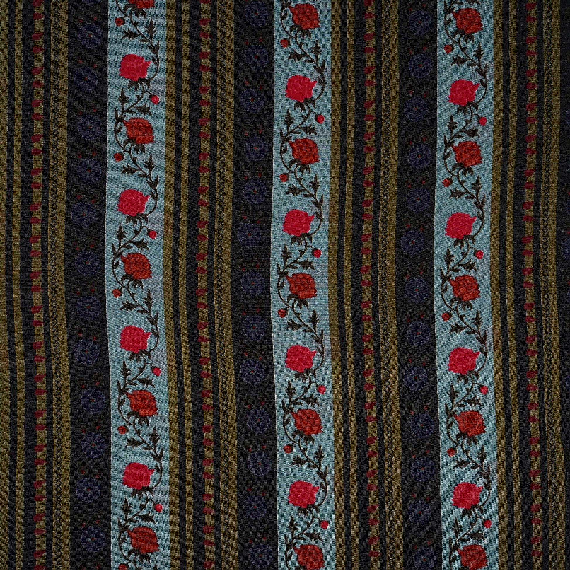 Sky Blue & Black Floral Stripes Print Muslin Fabric MF-30192 - TradeUNO