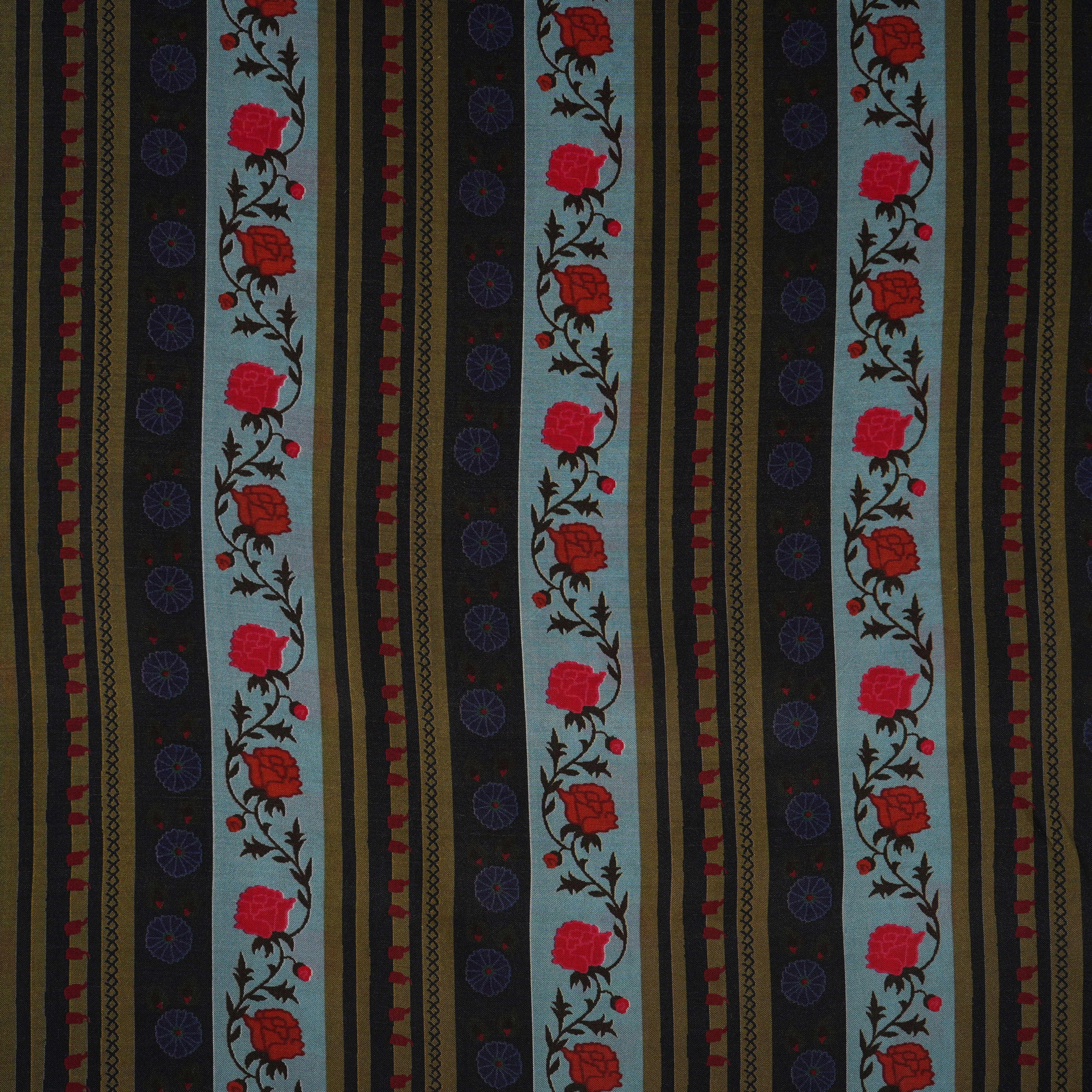 Sky Blue & Black Floral Stripes Print Muslin Fabric MF-30192 - TradeUNO