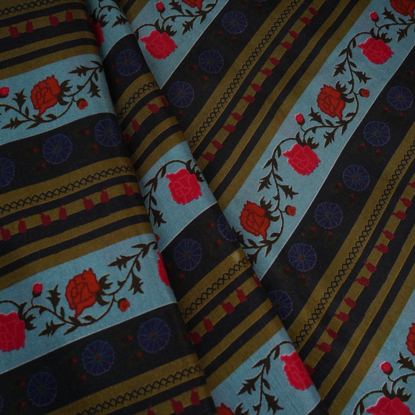 Sky Blue & Black Floral Stripes Print Muslin Fabric MF-30192 - TradeUNO