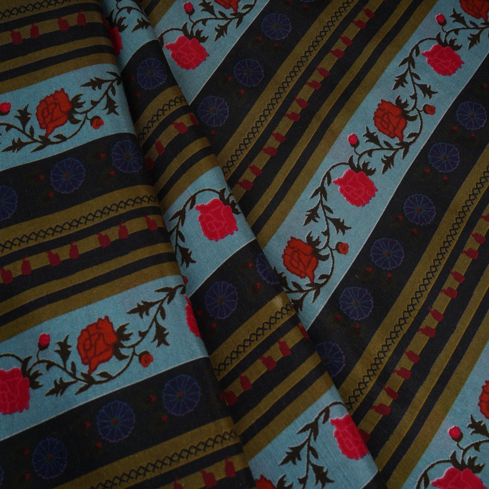 Sky Blue & Black Floral Stripes Print Muslin Fabric MF-30192 - TradeUNO