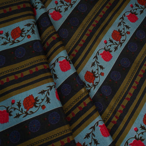 Sky Blue & Black Floral Stripes Print Muslin Fabric MF-30192 - TradeUNO
