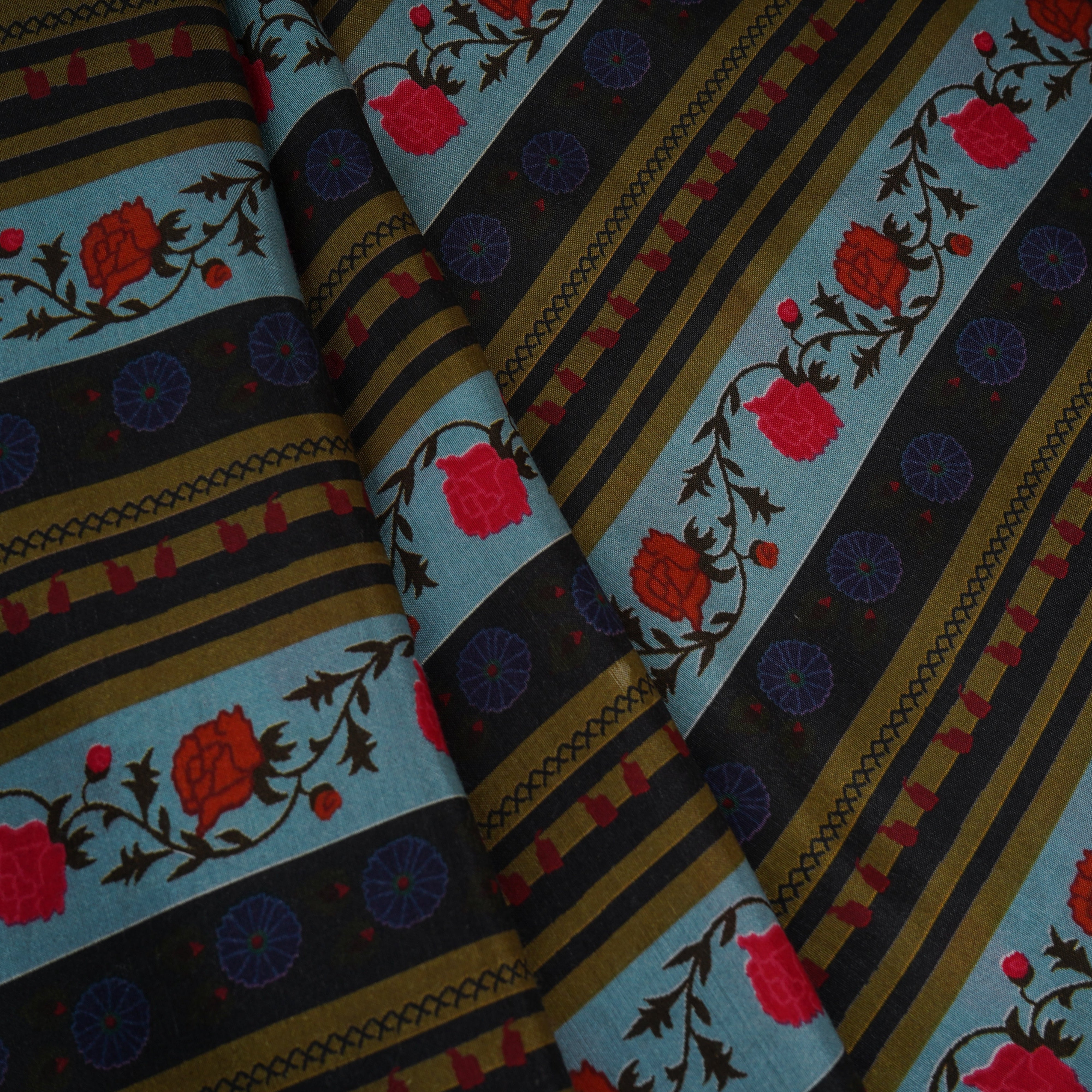 Sky Blue & Black Floral Stripes Print Muslin Fabric MF-30192 - TradeUNO