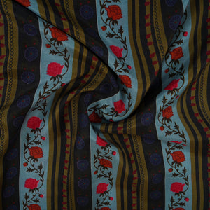 Sky Blue & Black Floral Stripes Print Muslin Fabric MF-30192 - TradeUNO