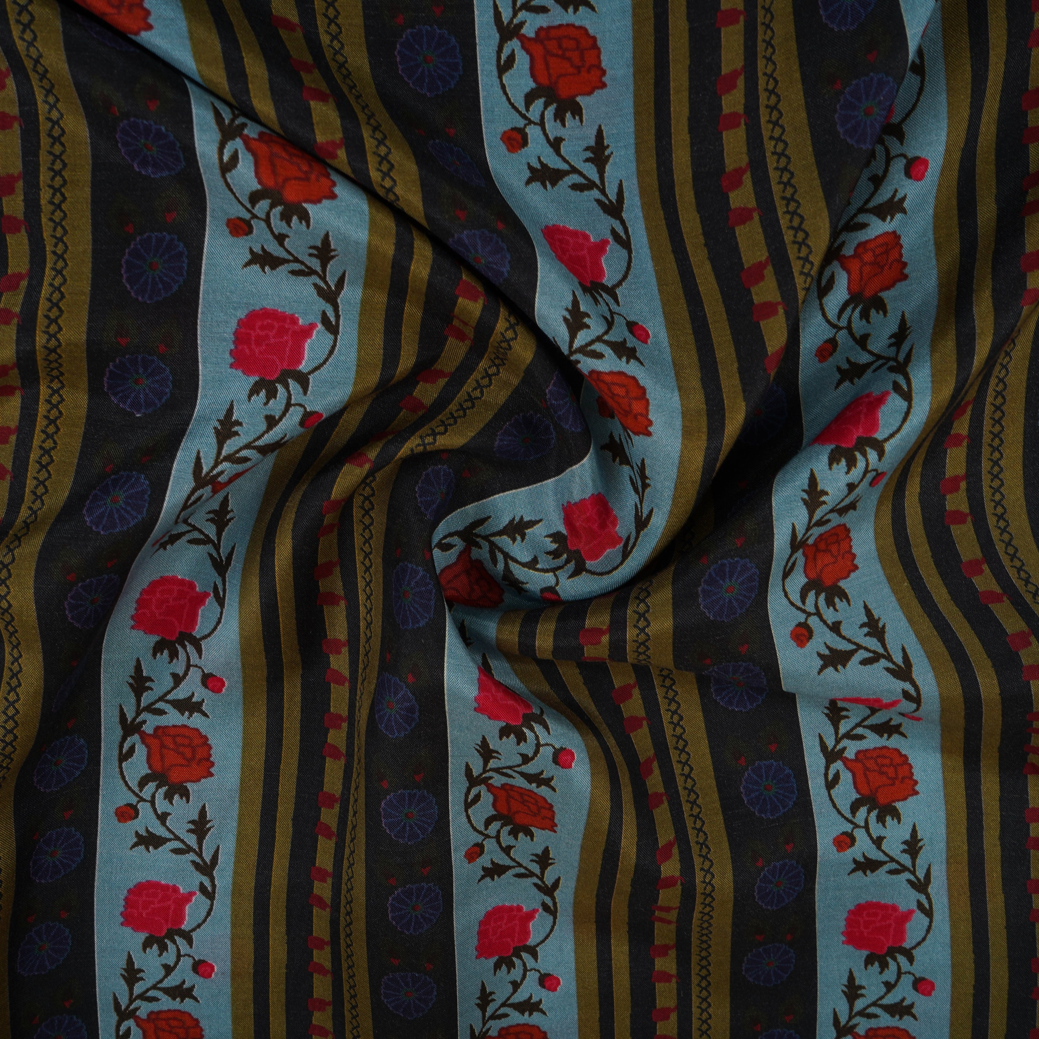 Sky Blue & Black Floral Stripes Print Muslin Fabric MF-30192 - TradeUNO