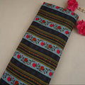 Sky Blue & Black Floral Stripes Print Muslin Fabric MF-30192