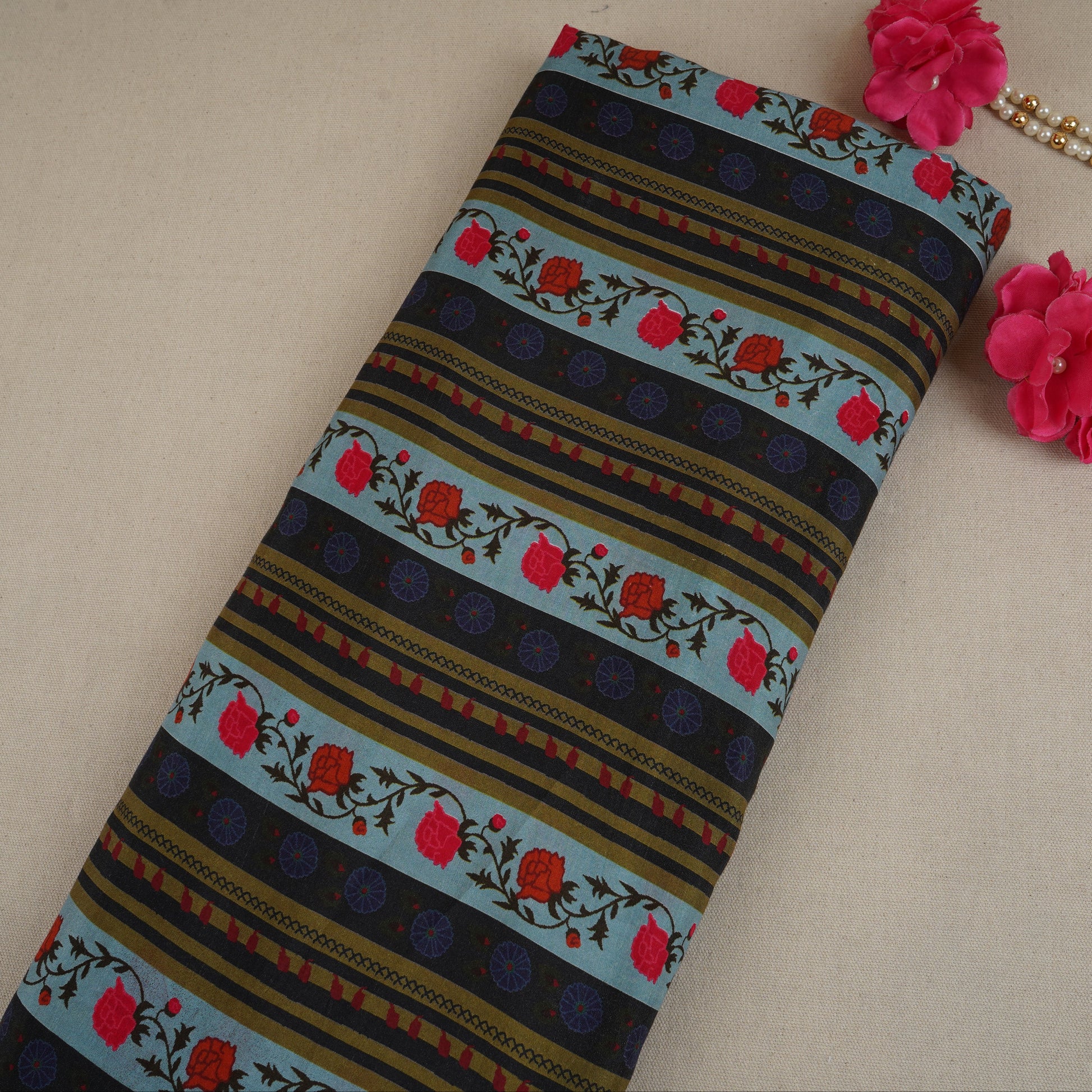 Sky Blue & Black Floral Stripes Print Muslin Fabric MF-30192 - TradeUNO