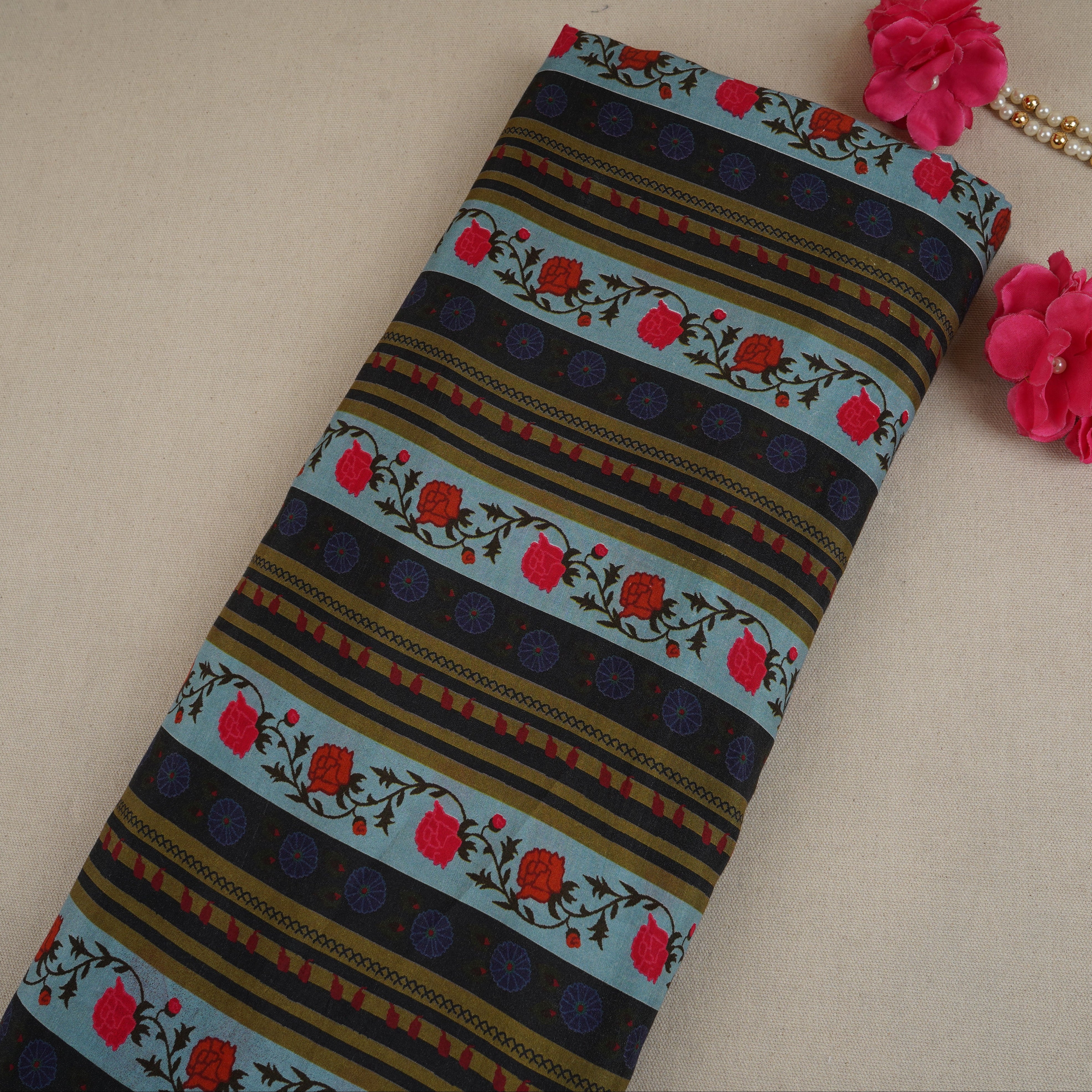 Sky Blue & Black Floral Stripes Print Muslin Fabric MF-30192 - TradeUNO