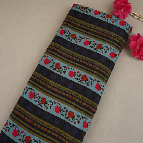 Sky Blue & Black Floral Stripes Print Muslin Fabric MF-30192