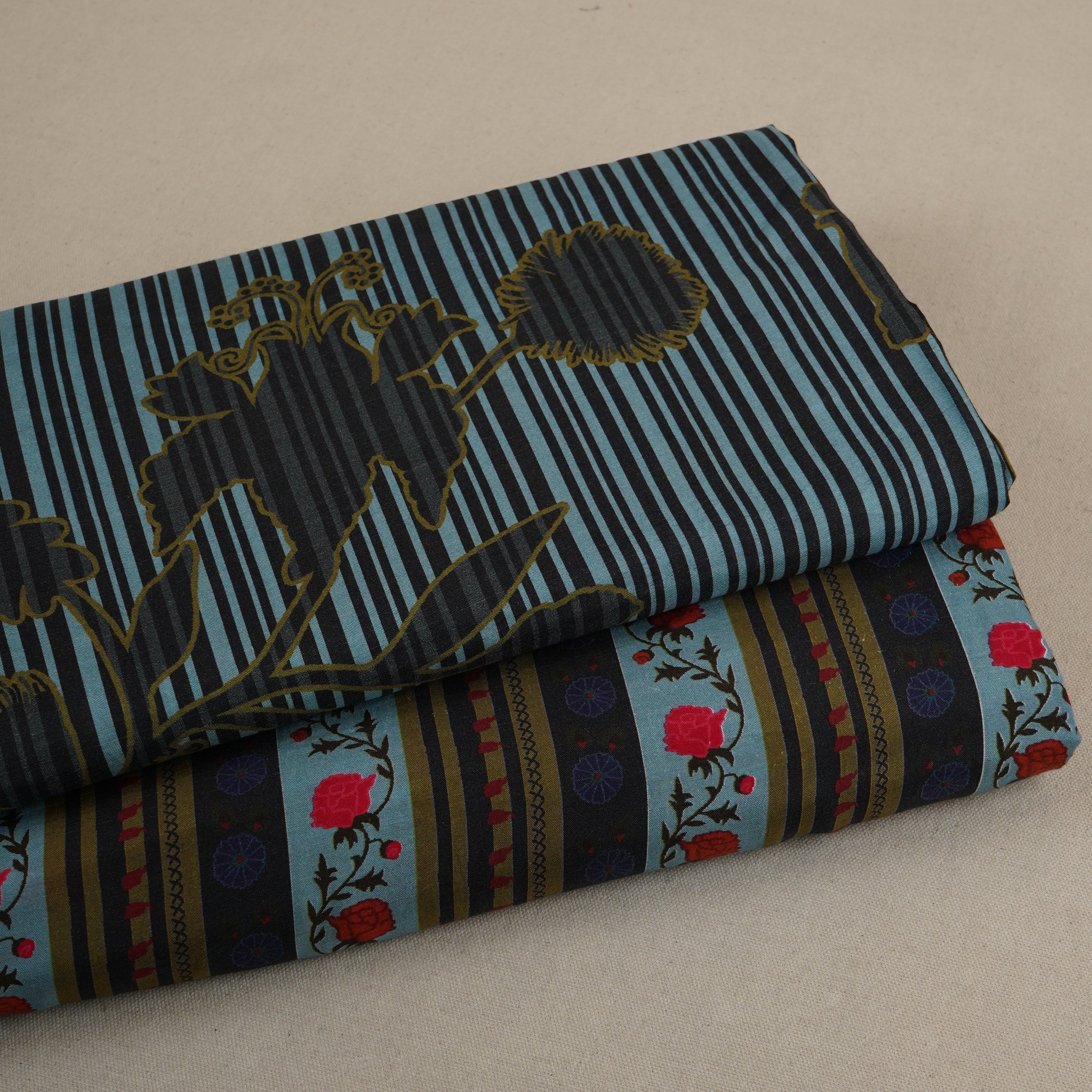 Sky Blue & Black Floral Stripes Print Muslin Fabric MF-30192 - TradeUNO