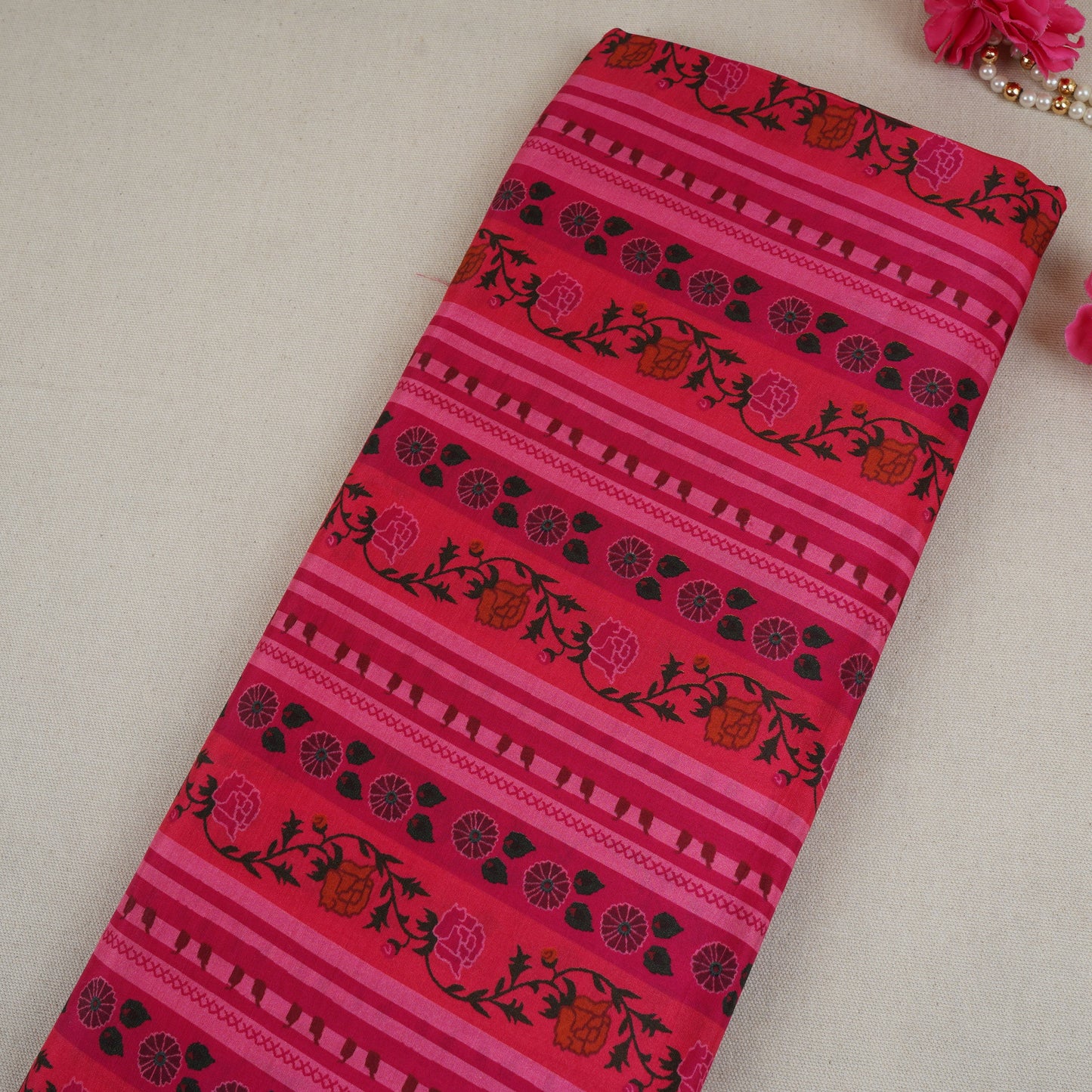 Orange & Pink Stripes Print Muslin Fabric MF-30201