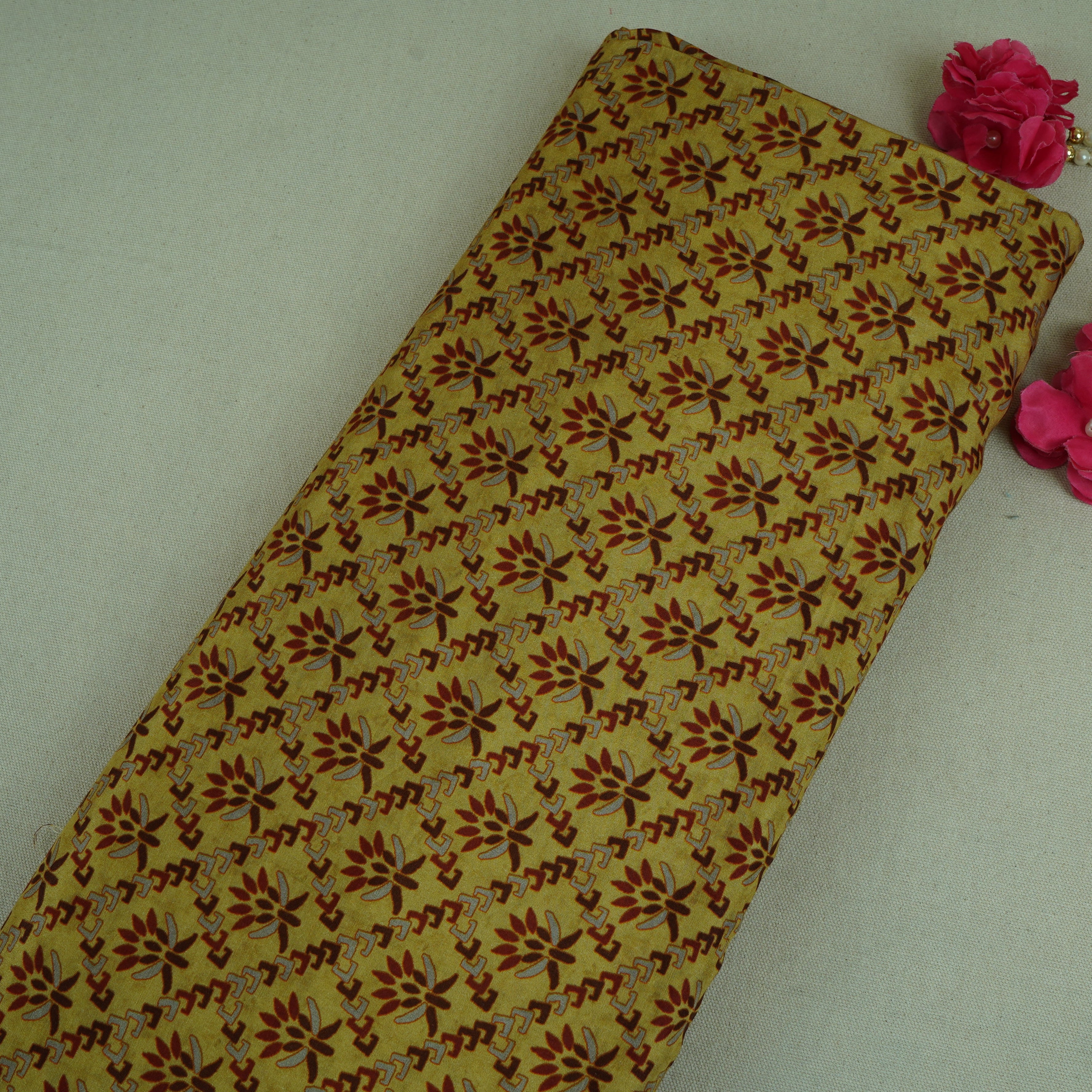 Mustard Yellow Floral Print Muslin Fabric MF-30190 - TradeUNO