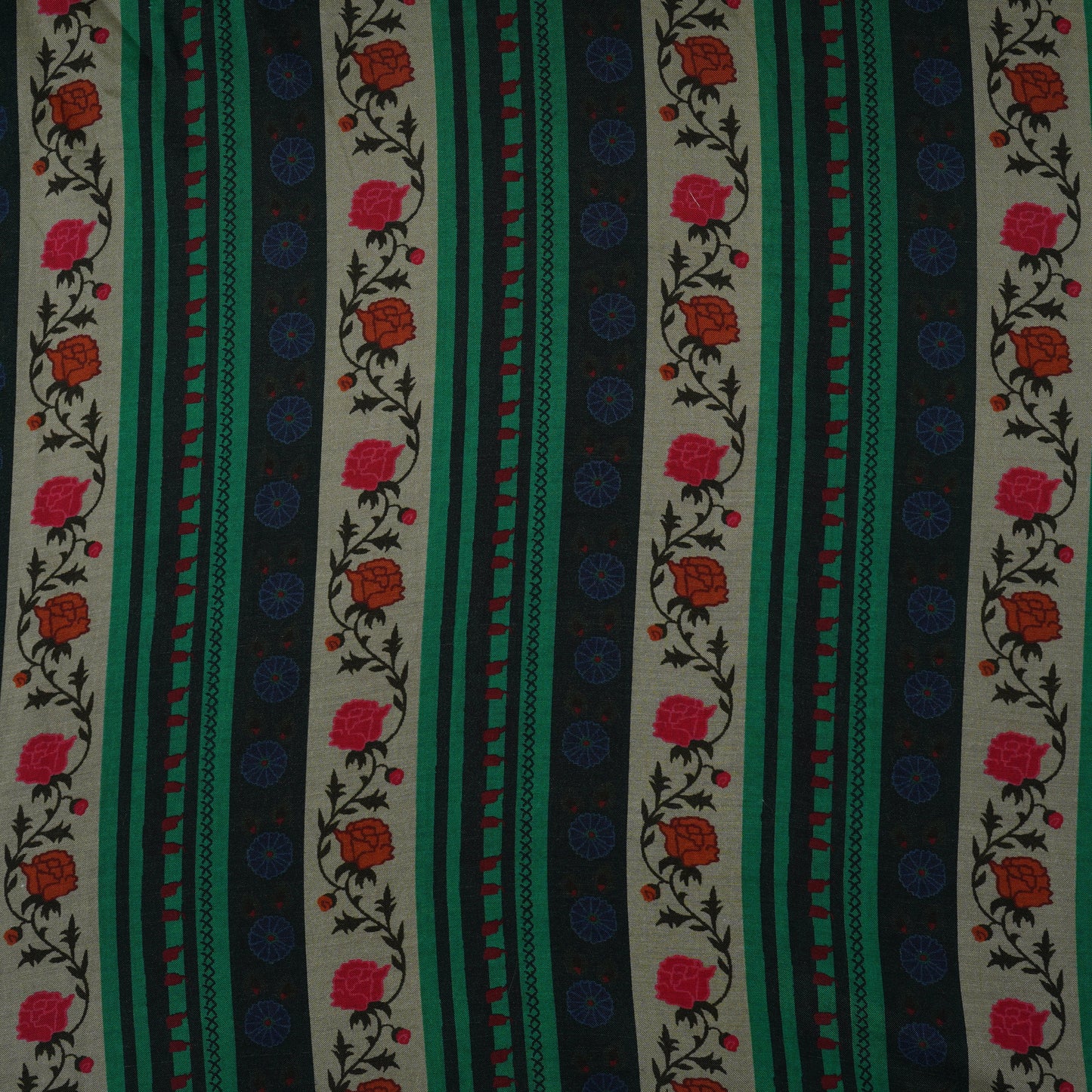 Green & Black Floral Stripes Print Muslin Fabric MF-30194 - TradeUNO