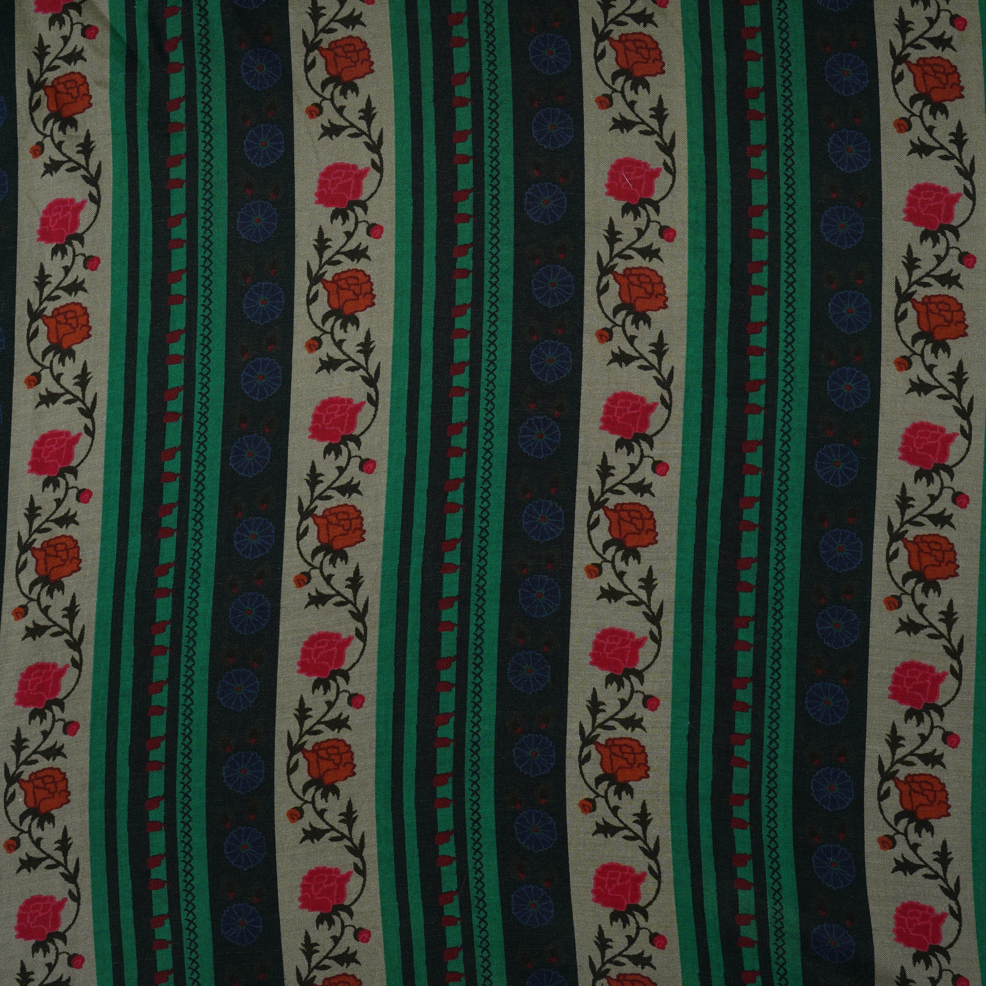 Green & Black Floral Stripes Print Muslin Fabric MF-30194 - TradeUNO