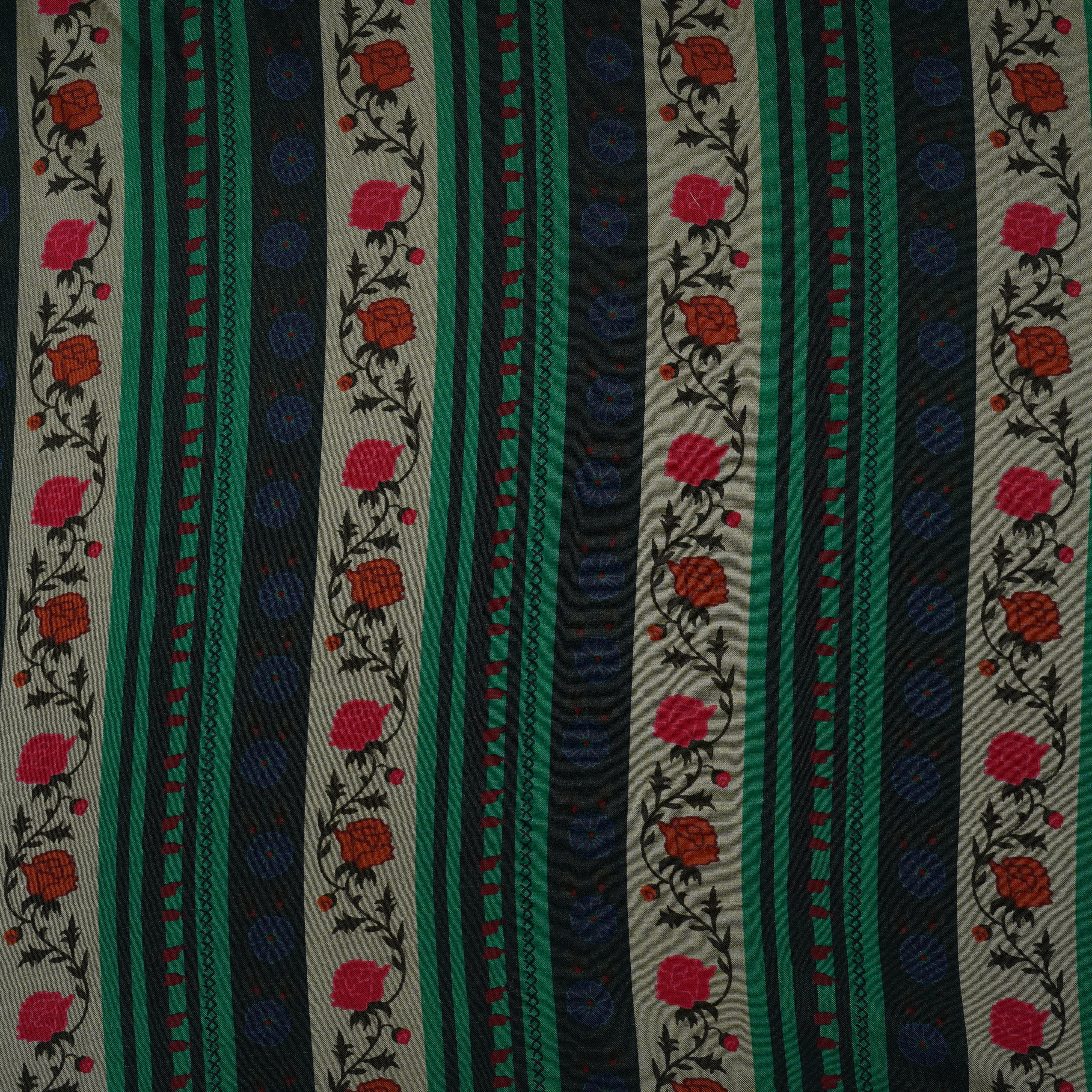 Green & Black Floral Stripes Print Muslin Fabric MF-30194 - TradeUNO