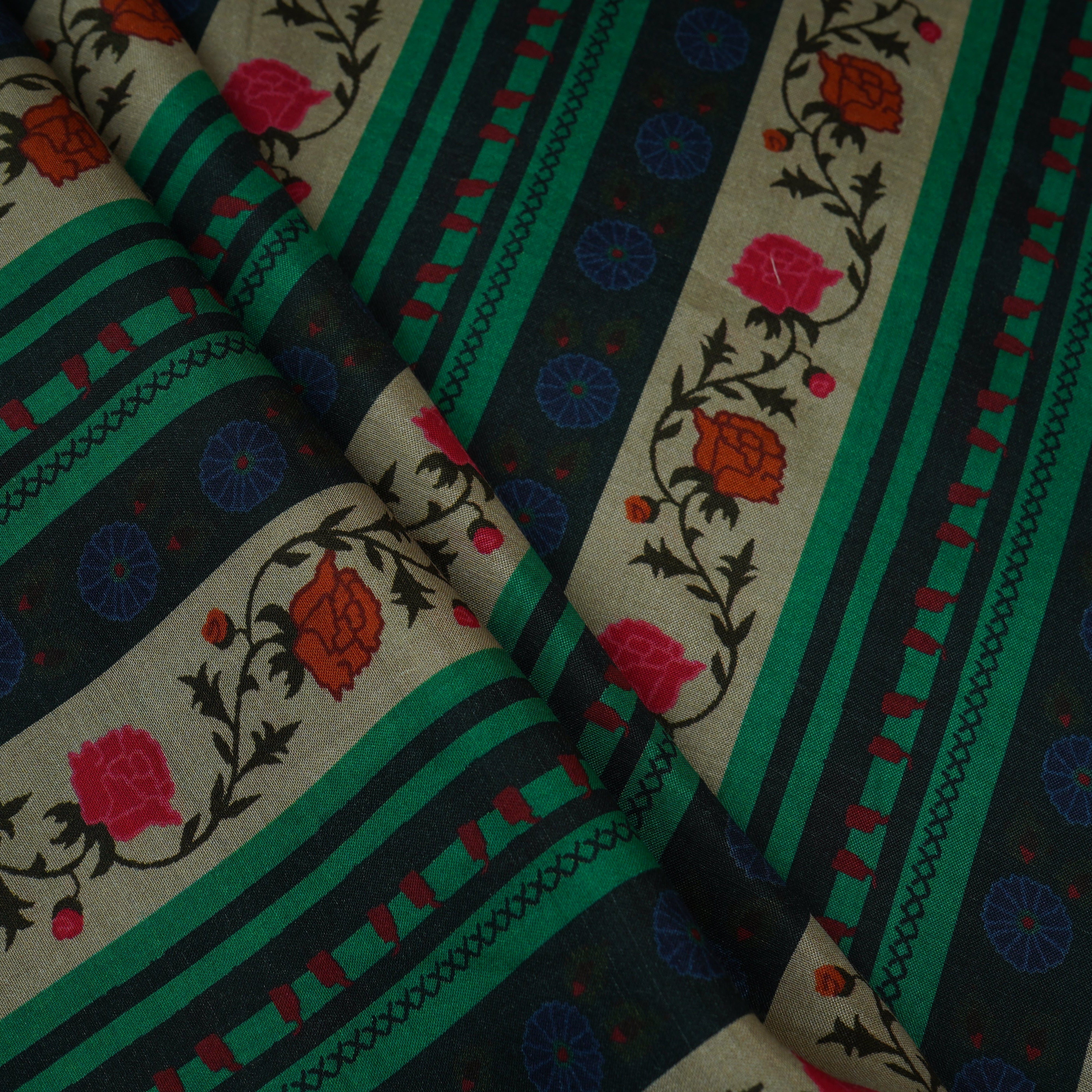 Green & Black Floral Stripes Print Muslin Fabric MF-30194 - TradeUNO