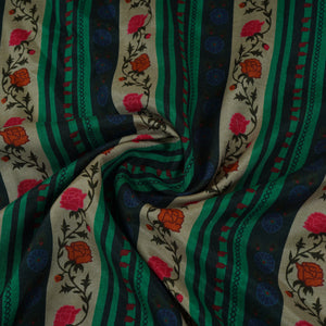 Green & Black Floral Stripes Print Muslin Fabric MF-30194 - TradeUNO