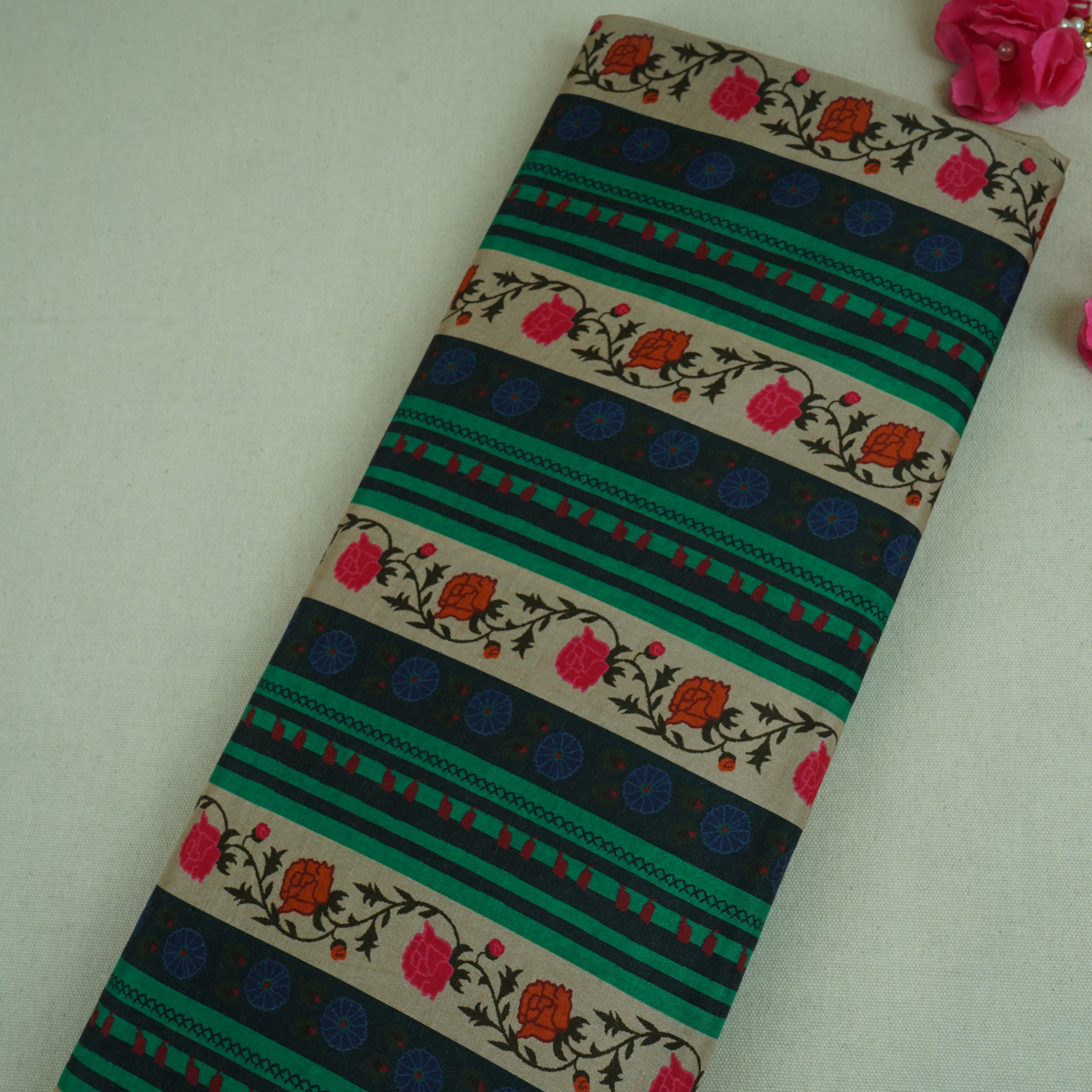 Green & Black Floral Stripes Print Muslin Fabric MF-30194 - TradeUNO