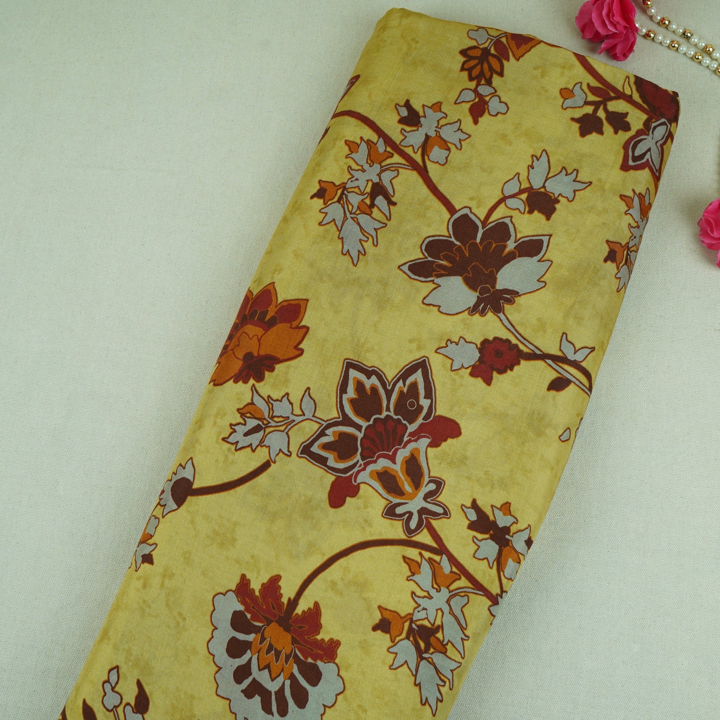 Mustard Yellow Floral Print Muslin Fabric MF-30189