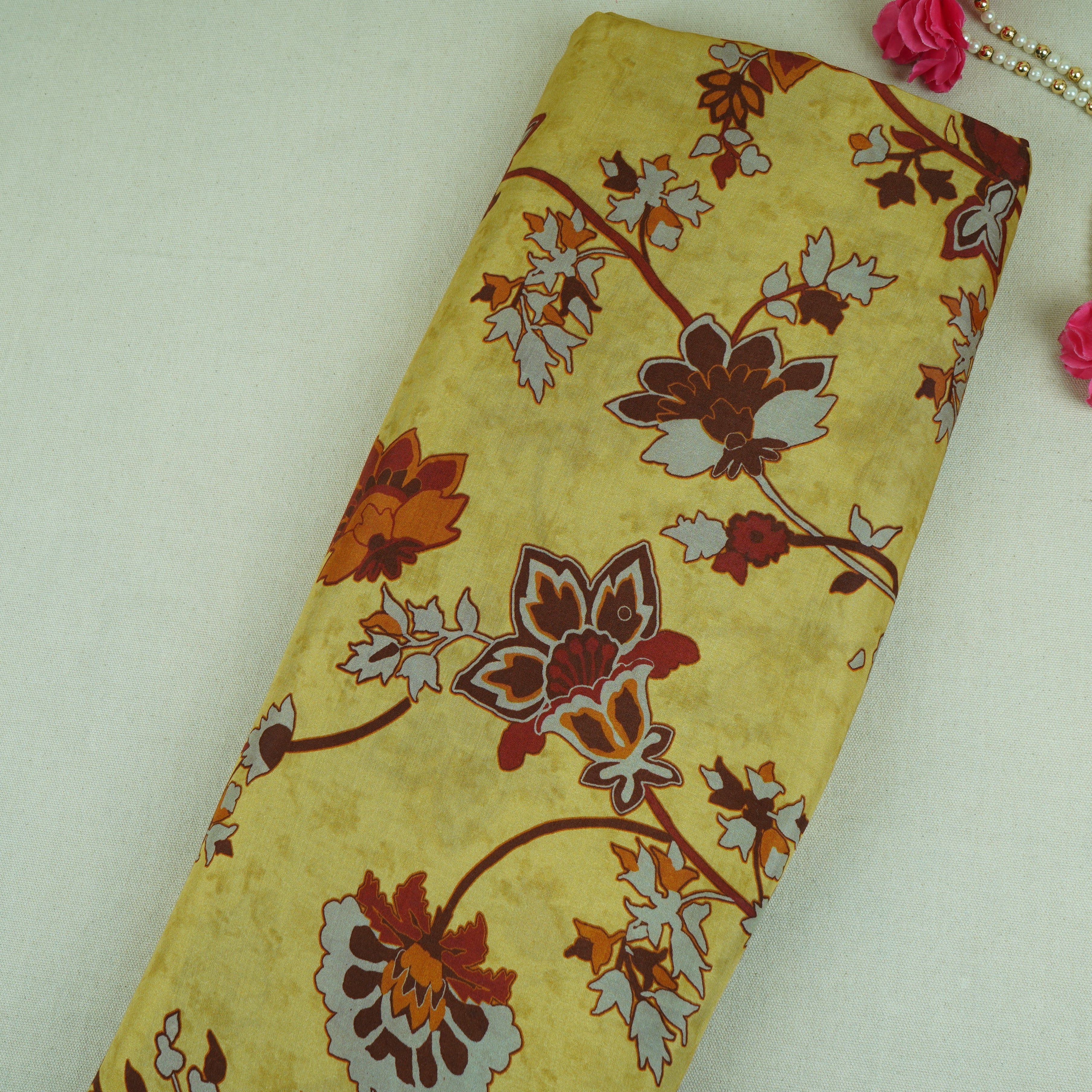 Mustard Yellow Floral Print Muslin Fabric MF-30189 - TradeUNO
