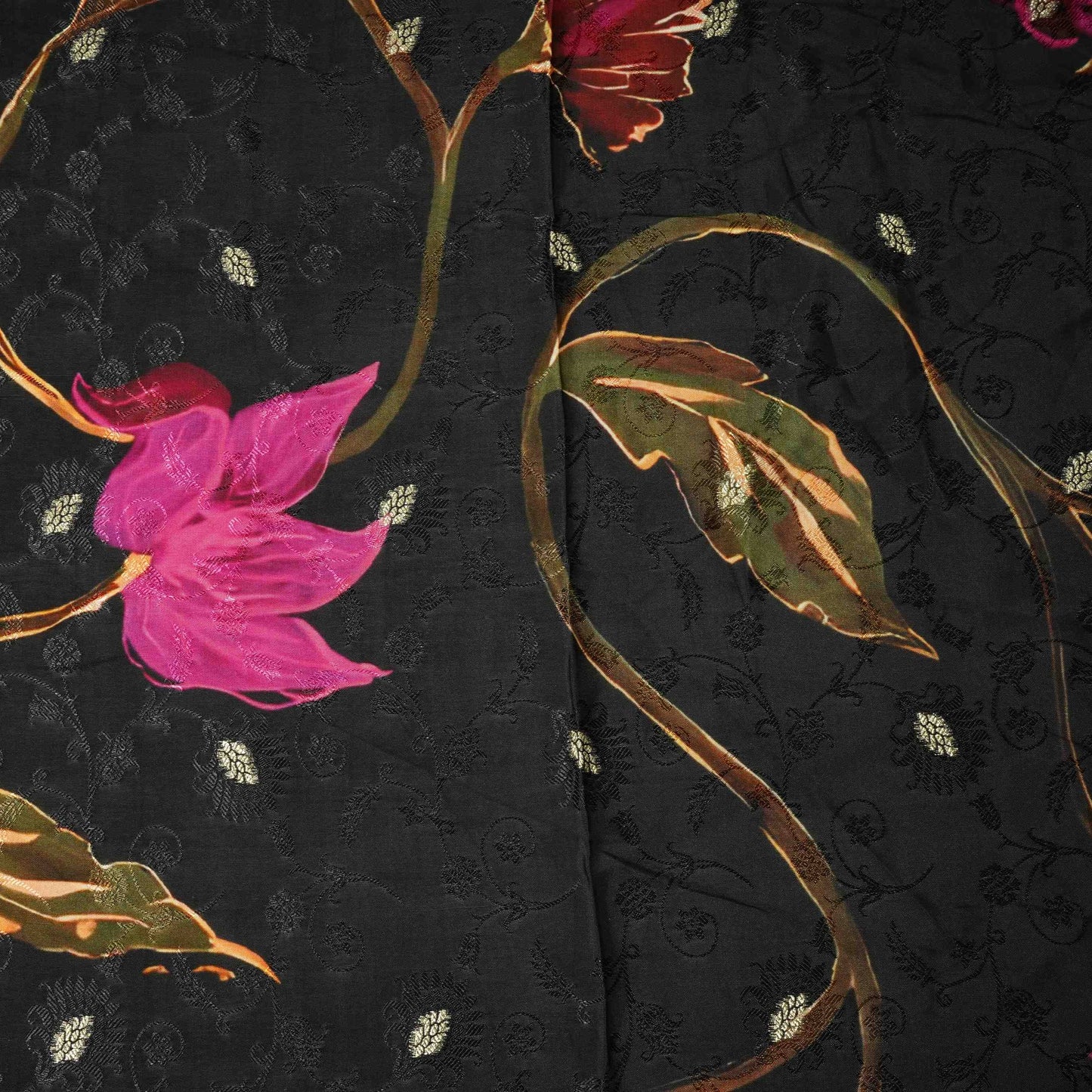 Black floral zari jacquard Pure Bemberg Crepe Fabric MTF-31810