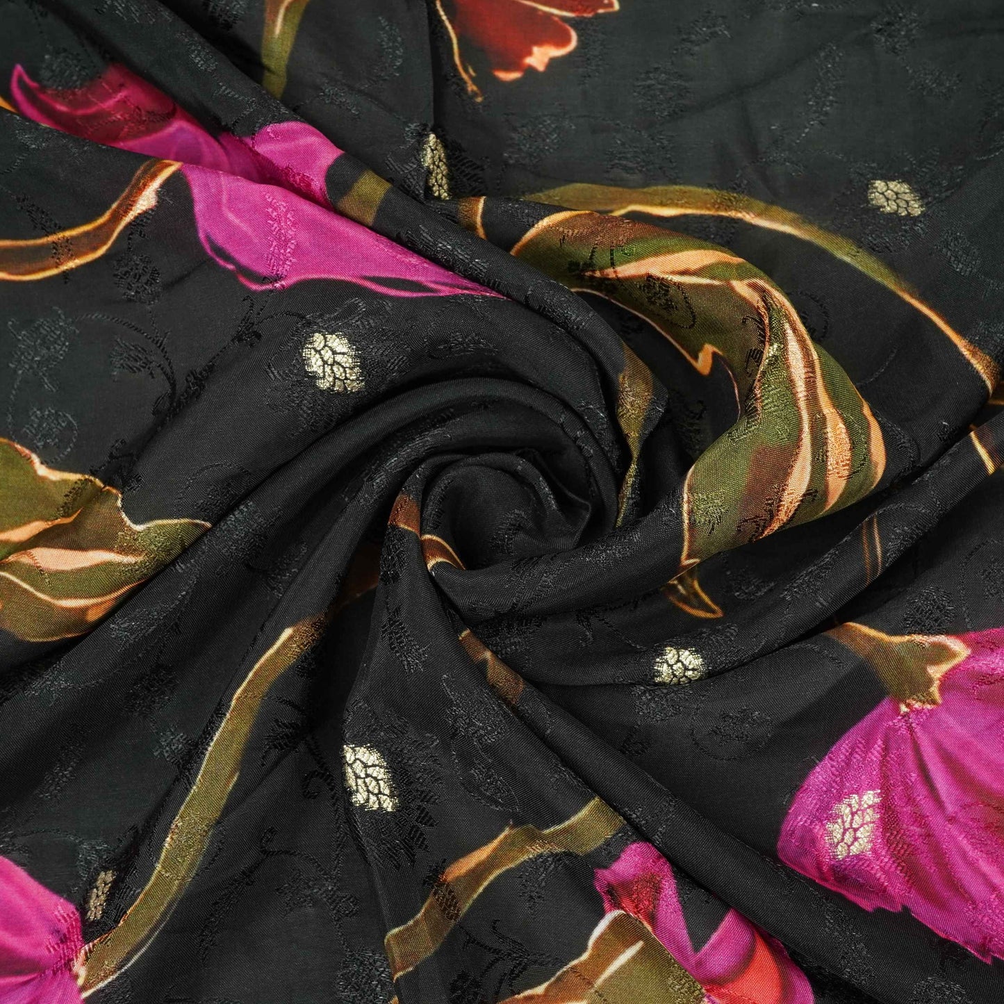 Black floral zari jacquard Pure Bemberg Crepe Fabric MTF-31810