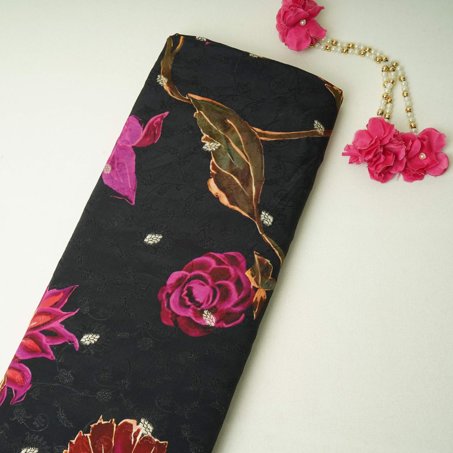 Black floral zari jacquard Pure Bemberg Crepe Fabric MTF-31810