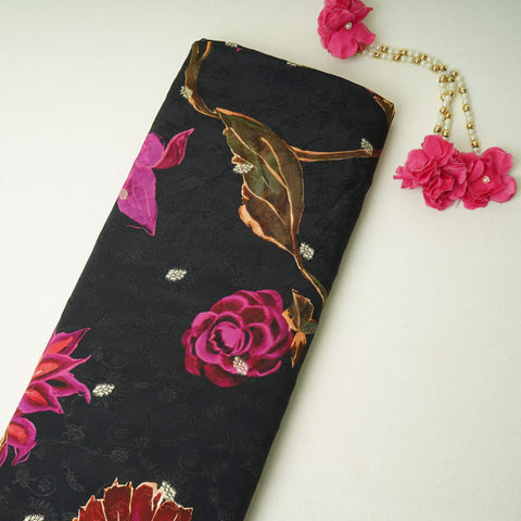 Black floral zari jacquard Pure Bemberg Crepe Fabric MTF-31810