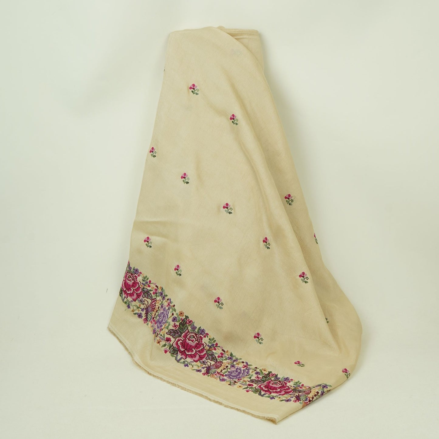 Cream Parsi Gara embroidery Raw Silk Fabric VFS-31516
