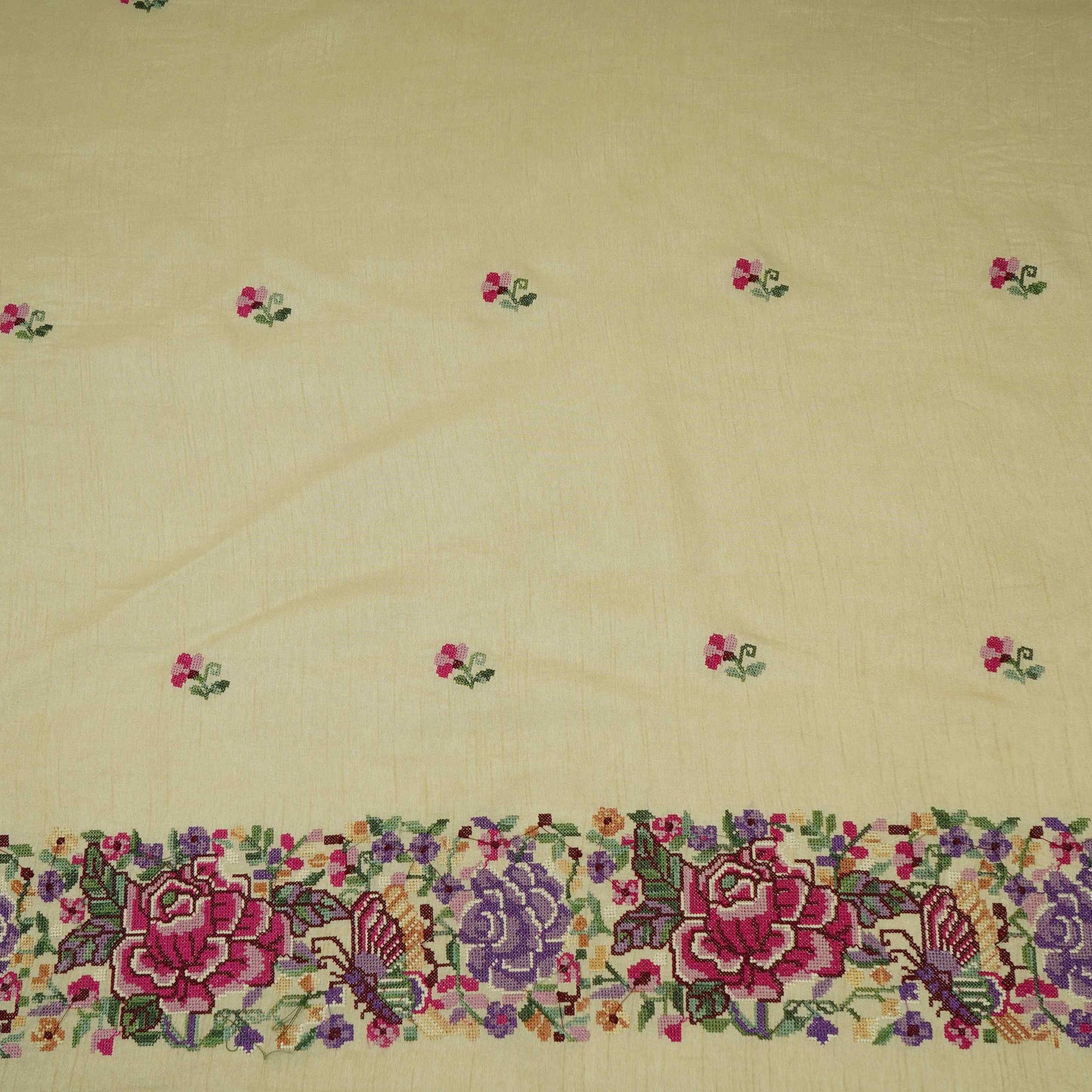 Cream Parsi Gara embroidery Raw Silk Fabric VFS-31516