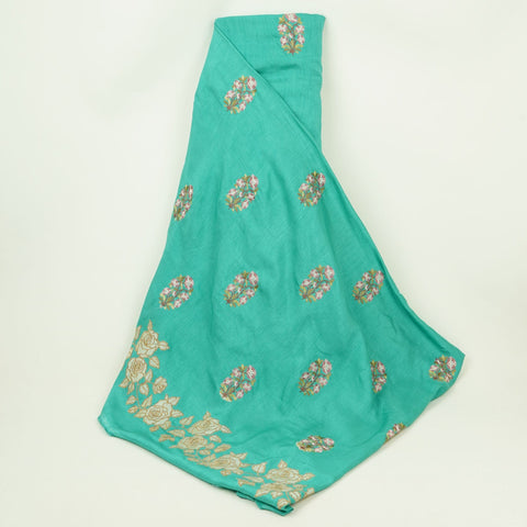 Teal Green floral Border embroidery Raw Silk Fabric VFS-31858