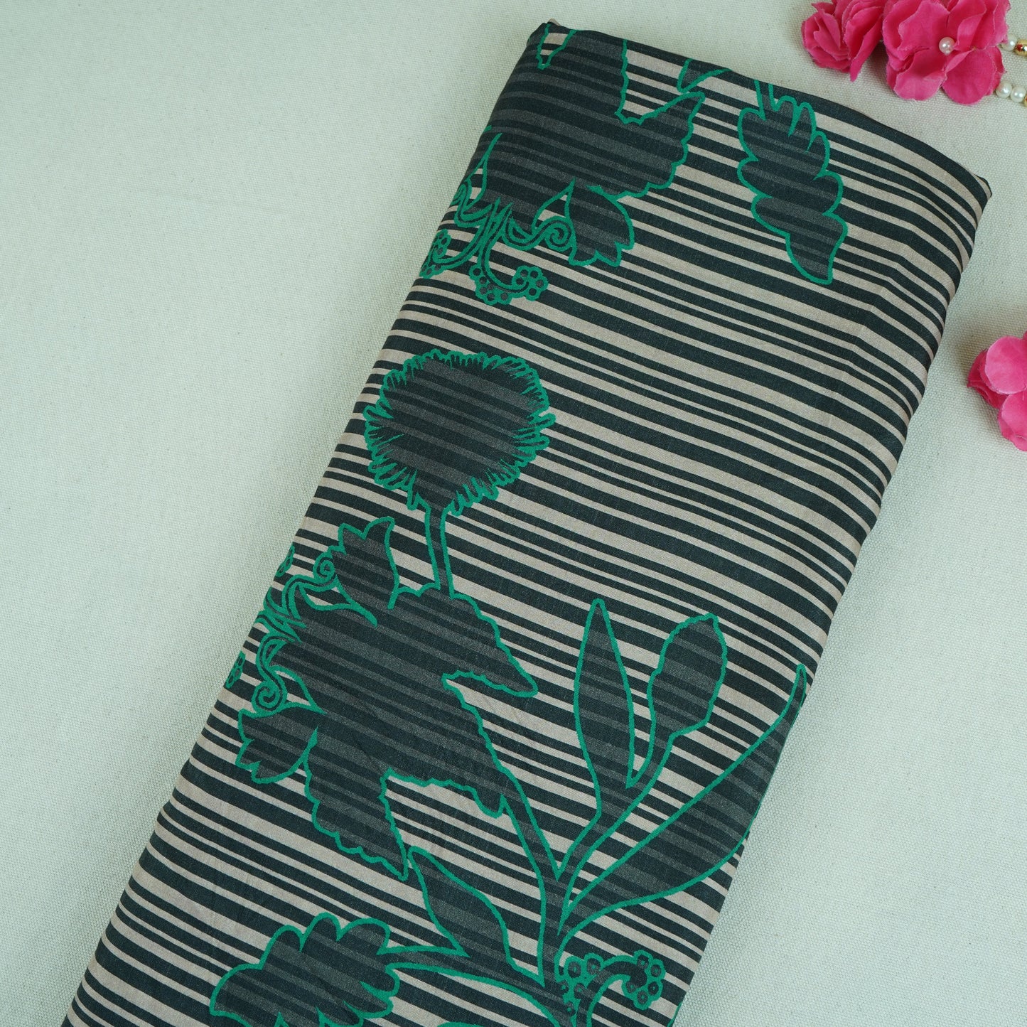 Green & Black Floral Print Muslin Fabric MF-30193
