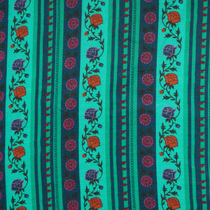 Green & Navy Blue Floral Stripes Print Muslin Fabric MF-30196 - TradeUNO