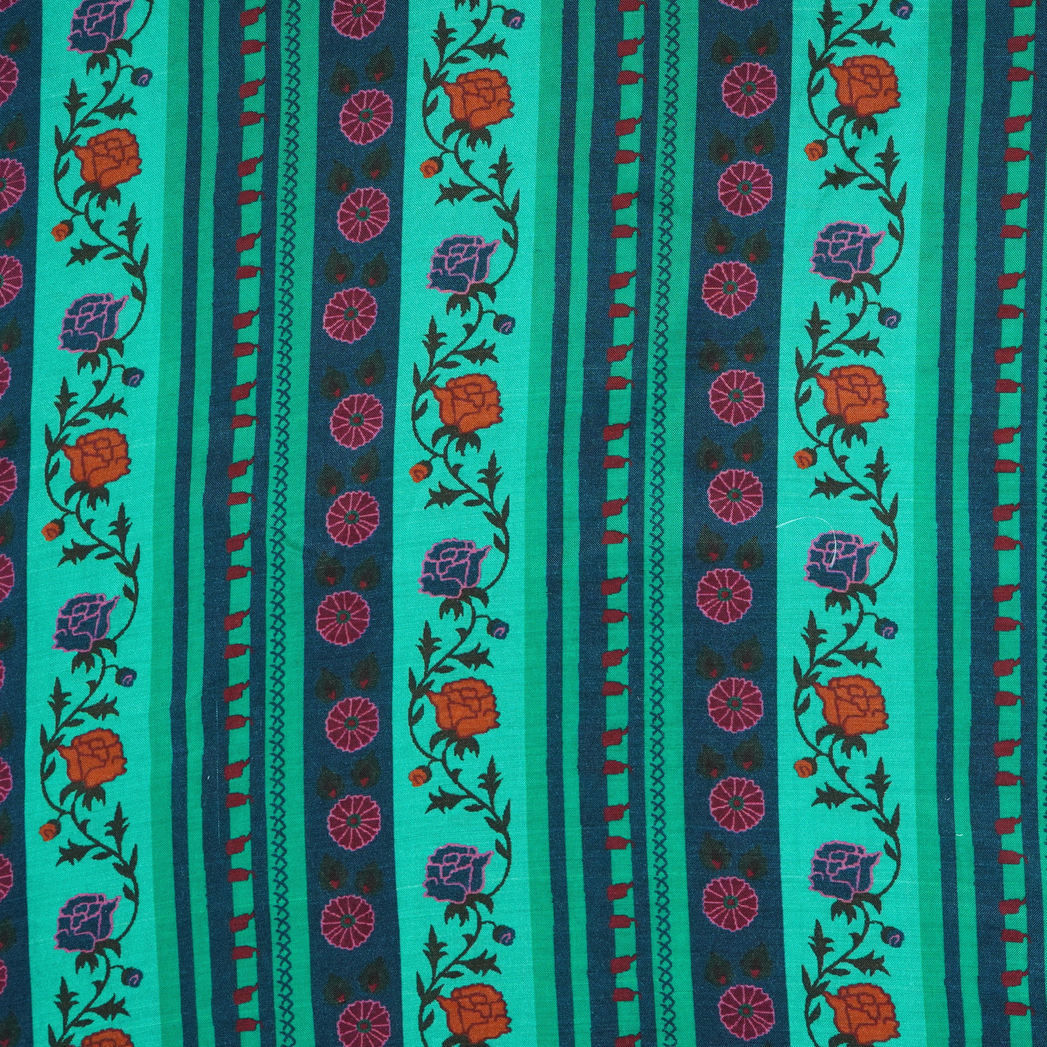 Green & Navy Blue Floral Stripes Print Muslin Fabric MF-30196 - TradeUNO