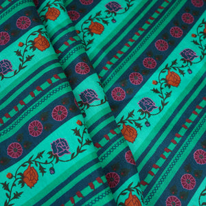 Green & Navy Blue Floral Stripes Print Muslin Fabric MF-30196 - TradeUNO