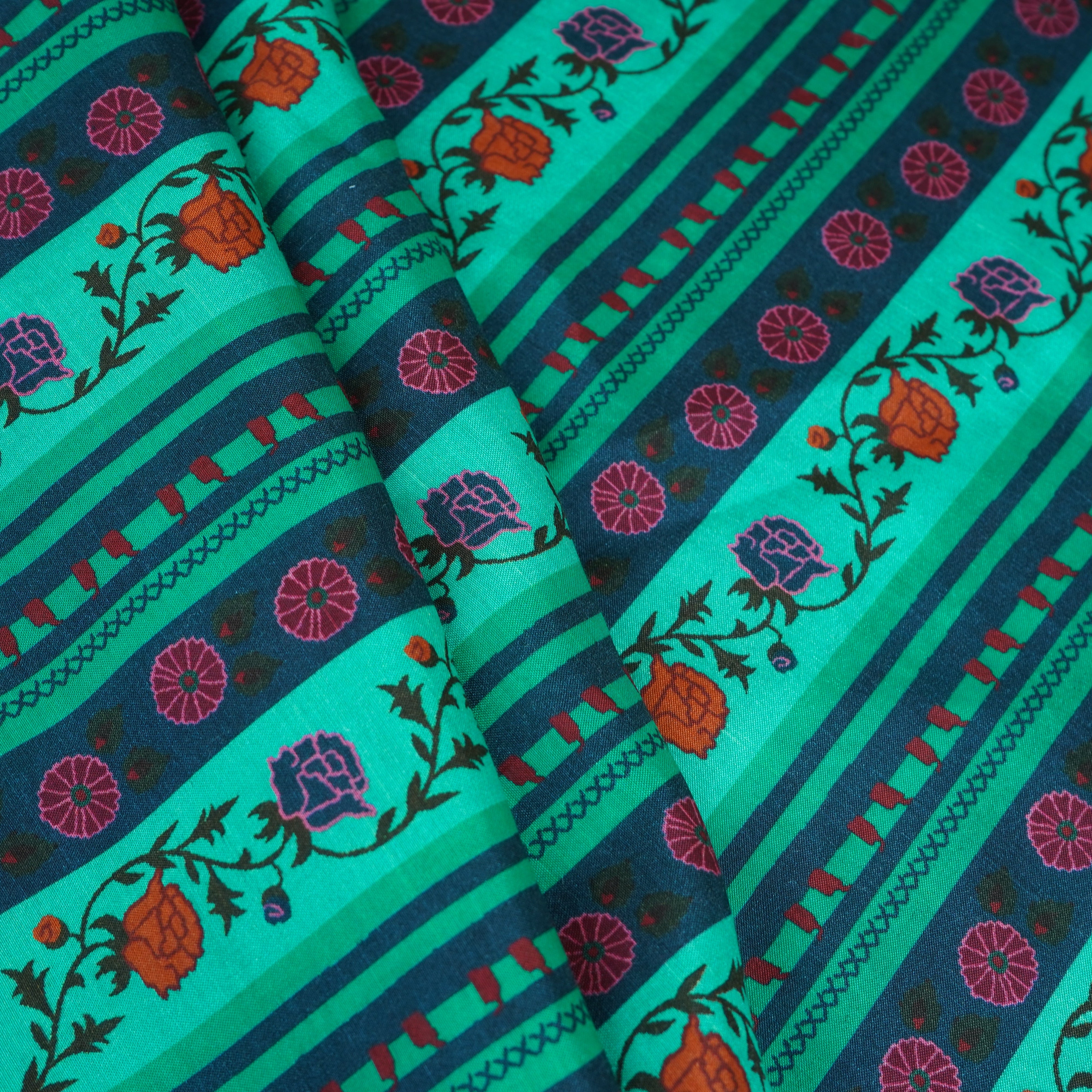Green & Navy Blue Floral Stripes Print Muslin Fabric MF-30196 - TradeUNO