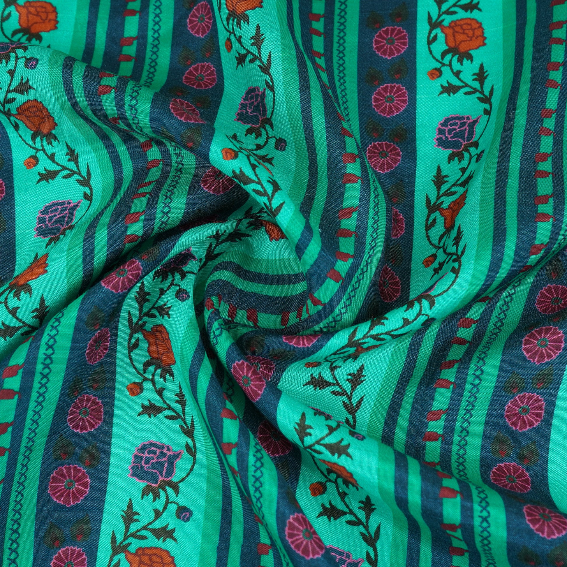 Green & Navy Blue Floral Stripes Print Muslin Fabric MF-30196 - TradeUNO