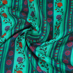 Green & Navy Blue Floral Stripes Print Muslin Fabric MF-30196 - TradeUNO