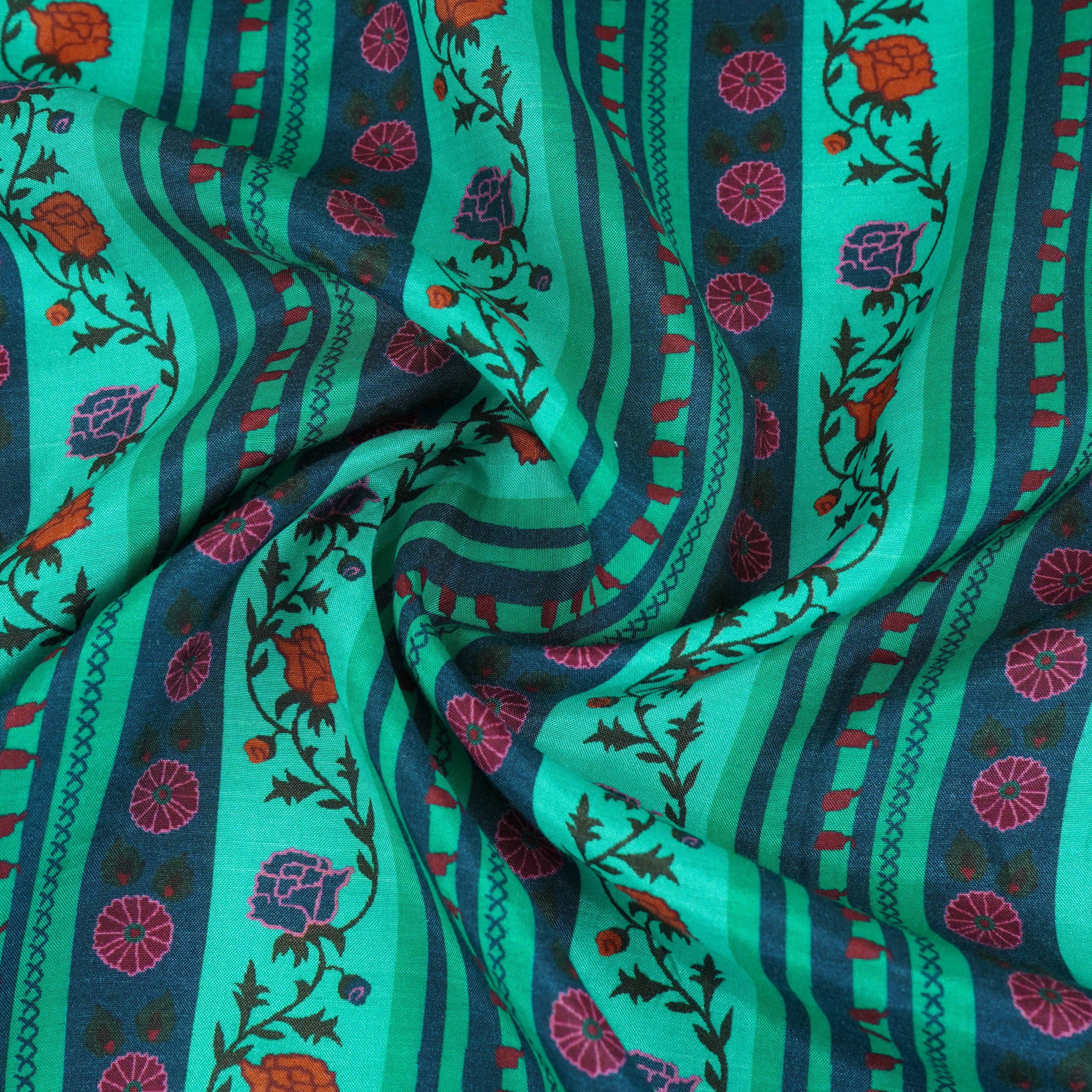 Green & Navy Blue Floral Stripes Print Muslin Fabric MF-30196 - TradeUNO