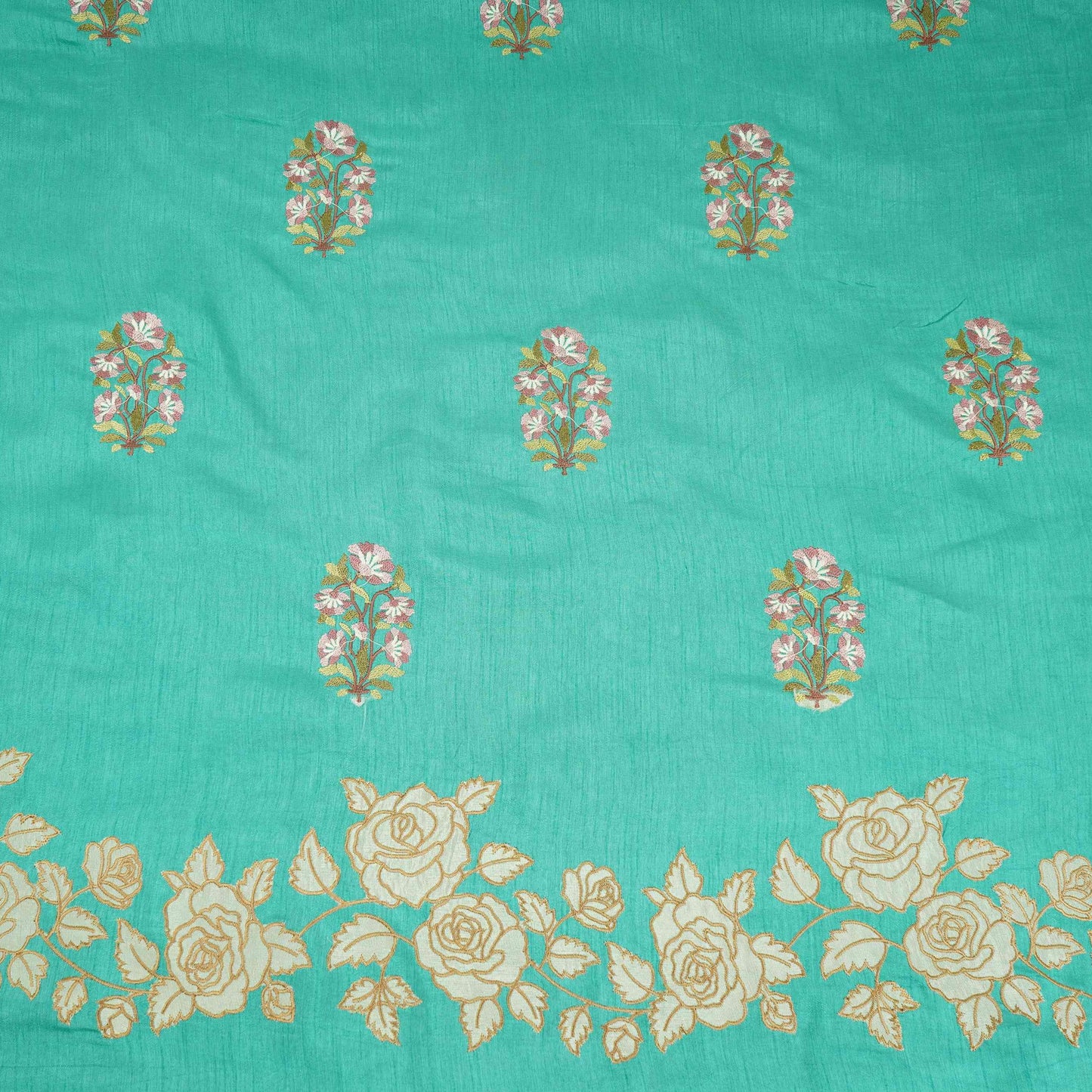 Teal Green floral Border embroidery Raw Silk Fabric VFS-31858