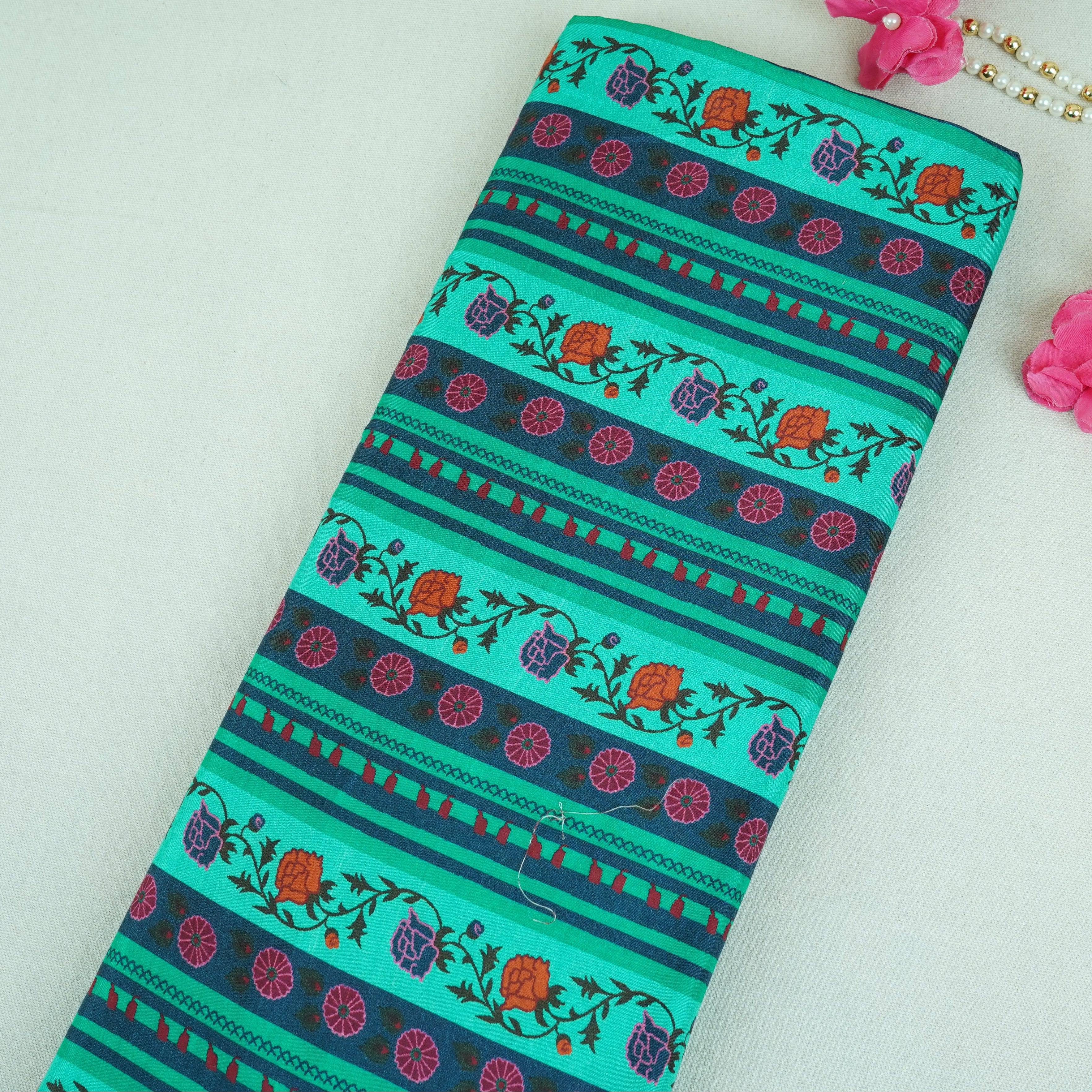Green & Navy Blue Floral Stripes Print Muslin Fabric MF-30196 - TradeUNO