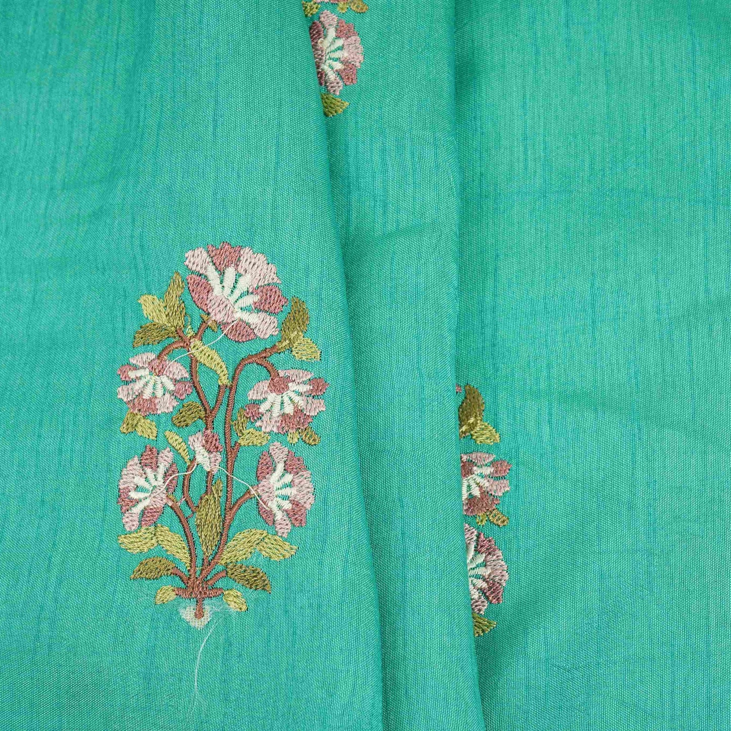 Teal Green floral Border embroidery Raw Silk Fabric VFS-31858