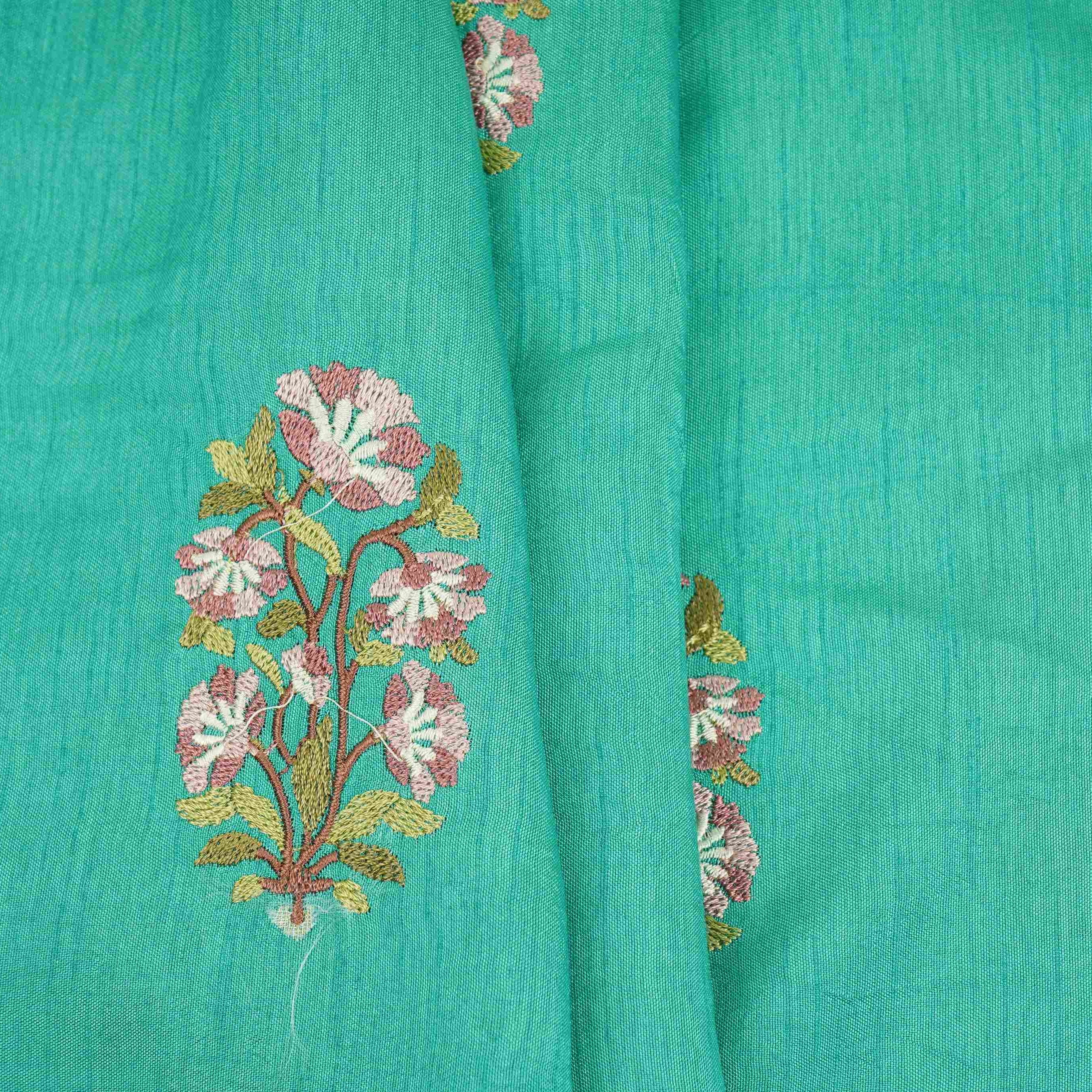 Teal Green floral Border embroidery Raw Silk Fabric VFS-31858 - TradeUNO