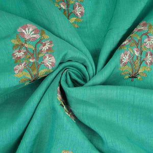 Teal Green floral Border embroidery Raw Silk Fabric VFS-31858 - TradeUNO