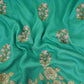 Teal Green floral Border embroidery Raw Silk Fabric VFS-31858