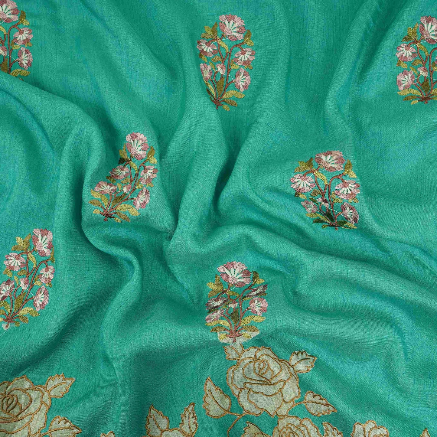 Teal Green floral Border embroidery Raw Silk Fabric VFS-31858
