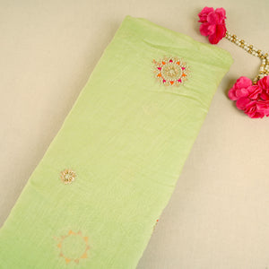 Light Lime Green Floral Cutdana Embroidery Mul Chanderi Fabric SN-30096 - TradeUNO